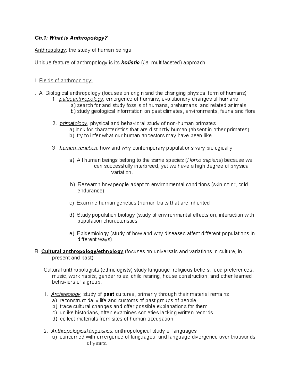 Anthropology 101: Ch. 1 & 2 Study Notes on Human Culture - Studocu