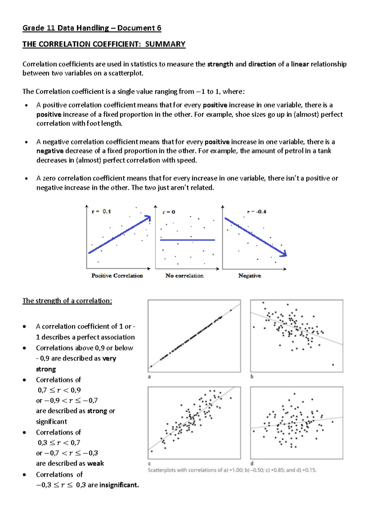 Grade 11 Data Handling: Correlation Coefficient Summary - Studocu