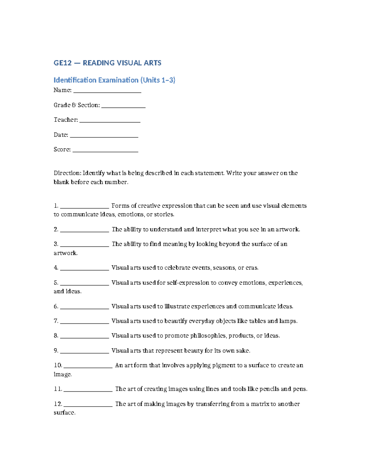 GE12 READING VISUAL ARTS Identification Exam Questions and Answers ...