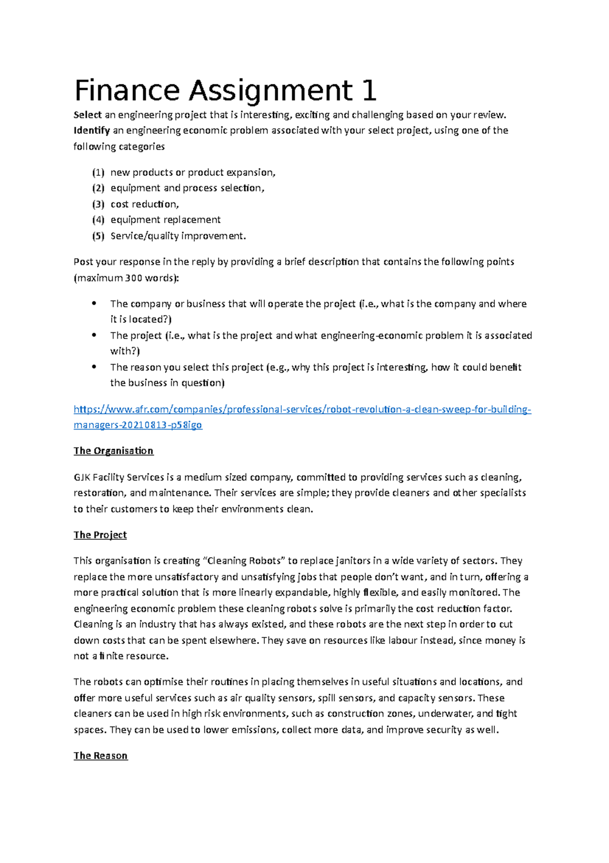 Finance Assignment 1 - Analysis of Existing Market and replies to other ...