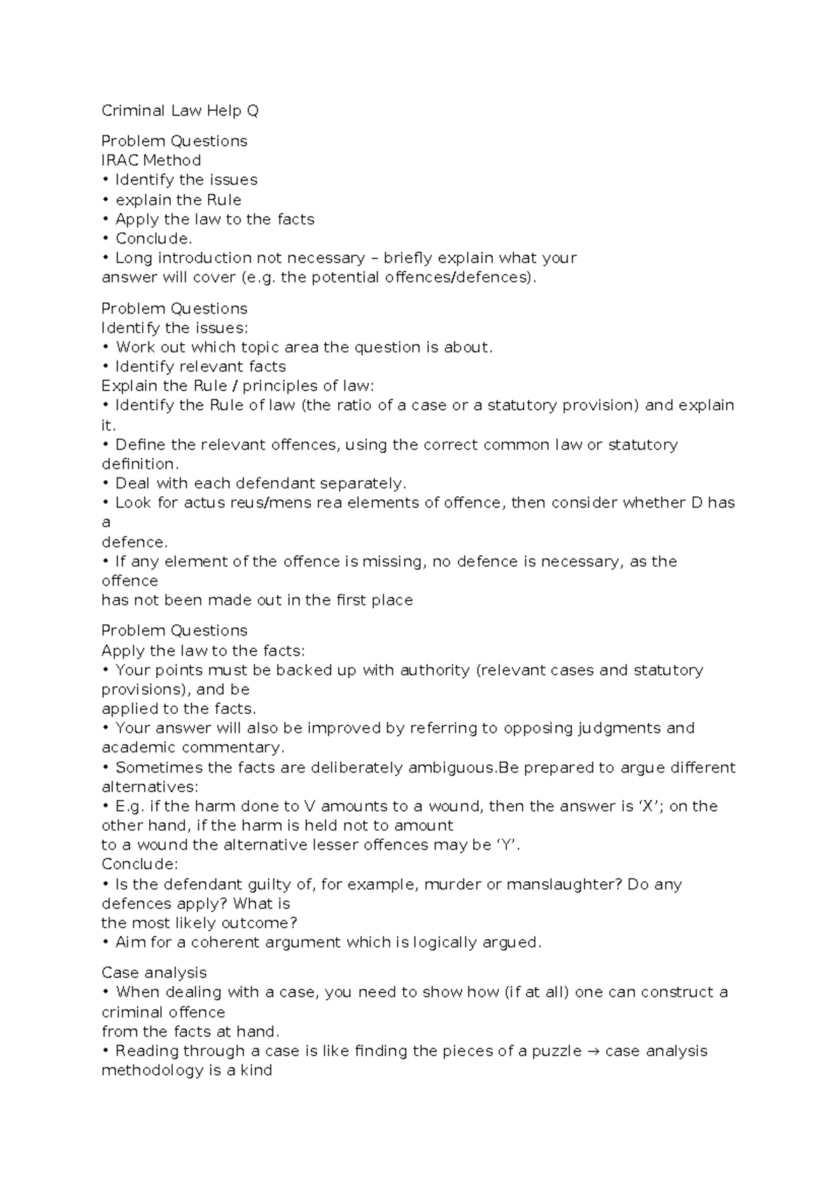 Criminal Law Help Q: Structuring Problem Questions Using IRAC Method ...