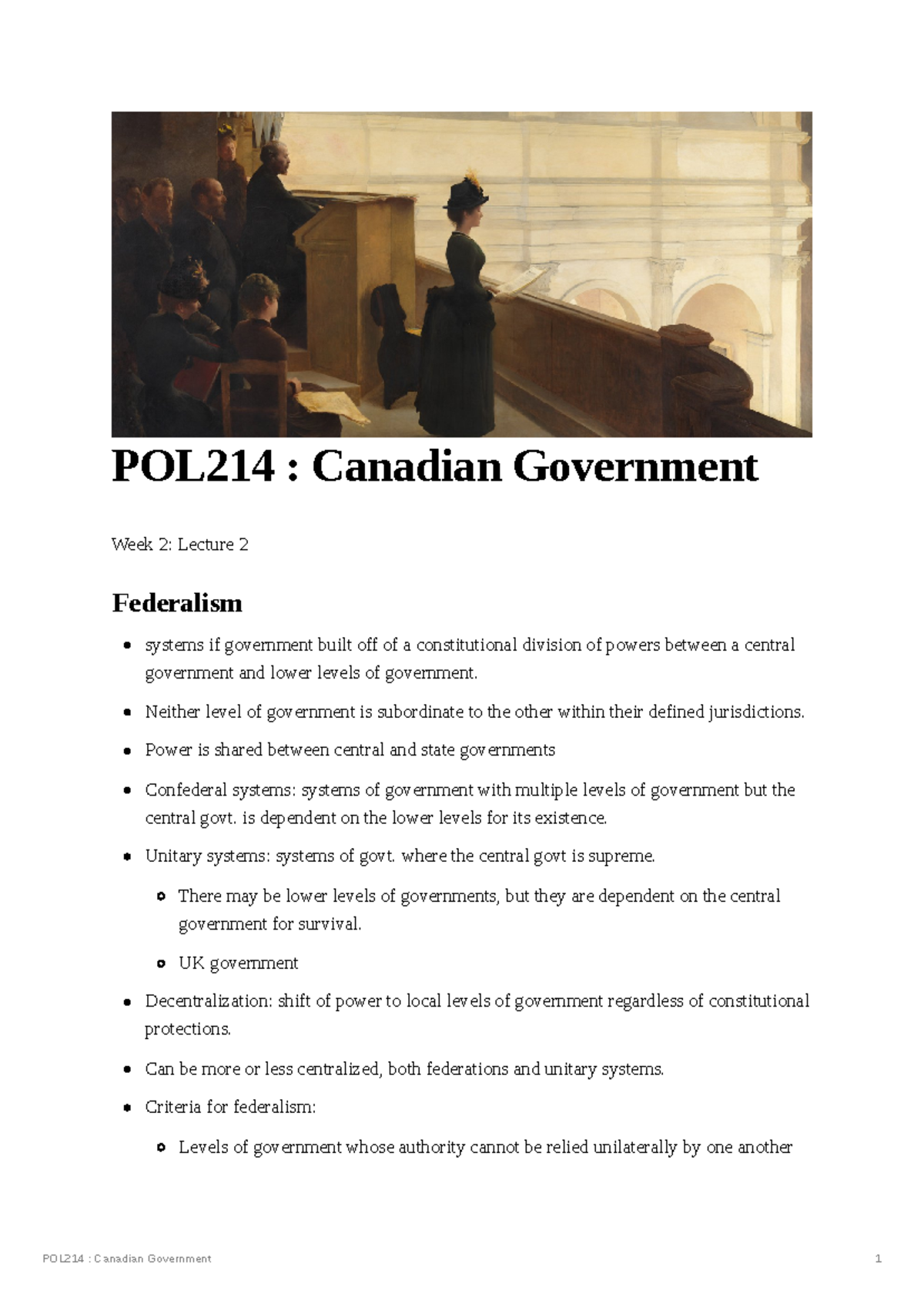 POL214 Lecture 2: Understanding Federalism in Canadian Government - Studocu