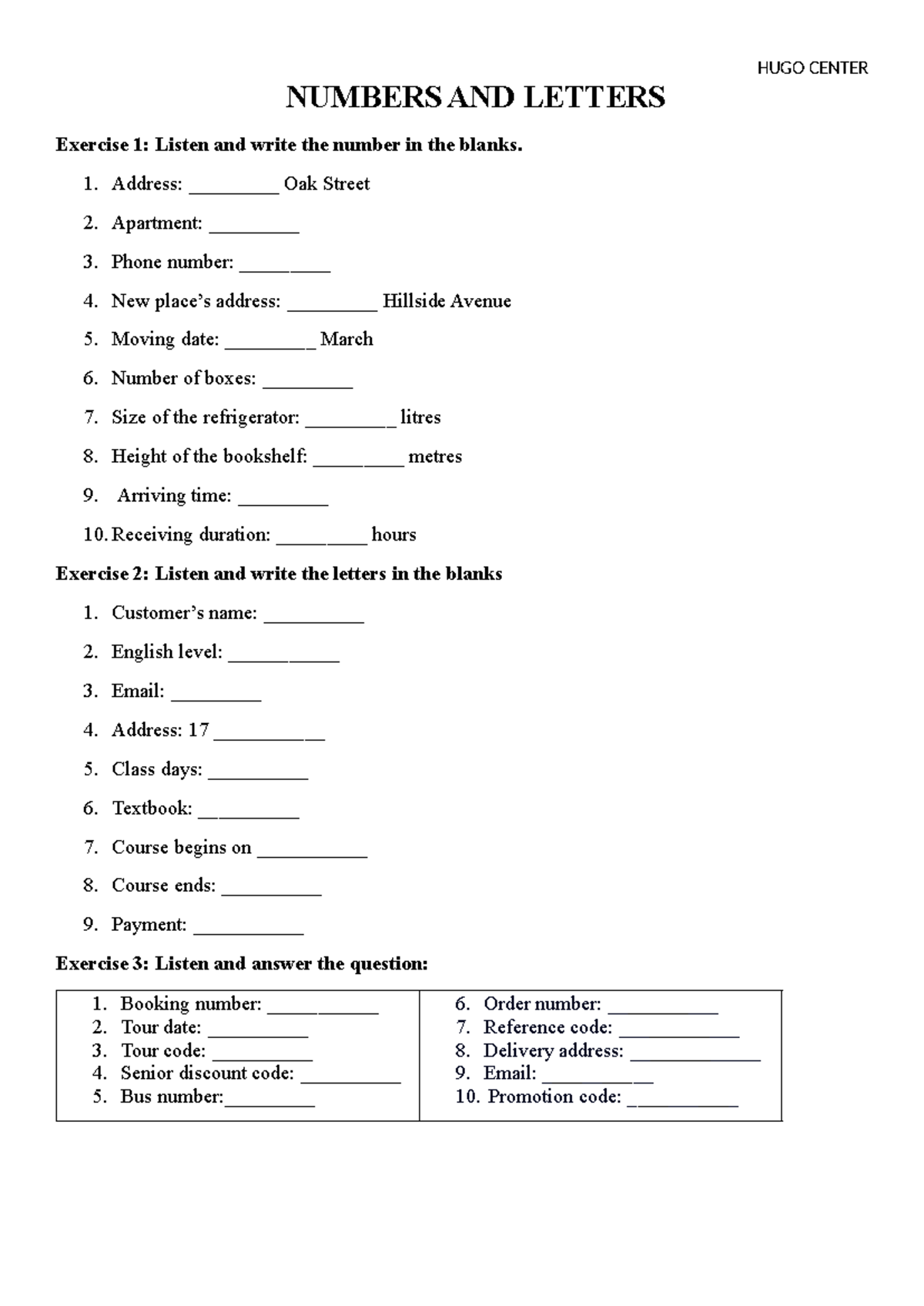 HUGO CENTER Exercise: Numbers and Letters Practice Activities - Studocu