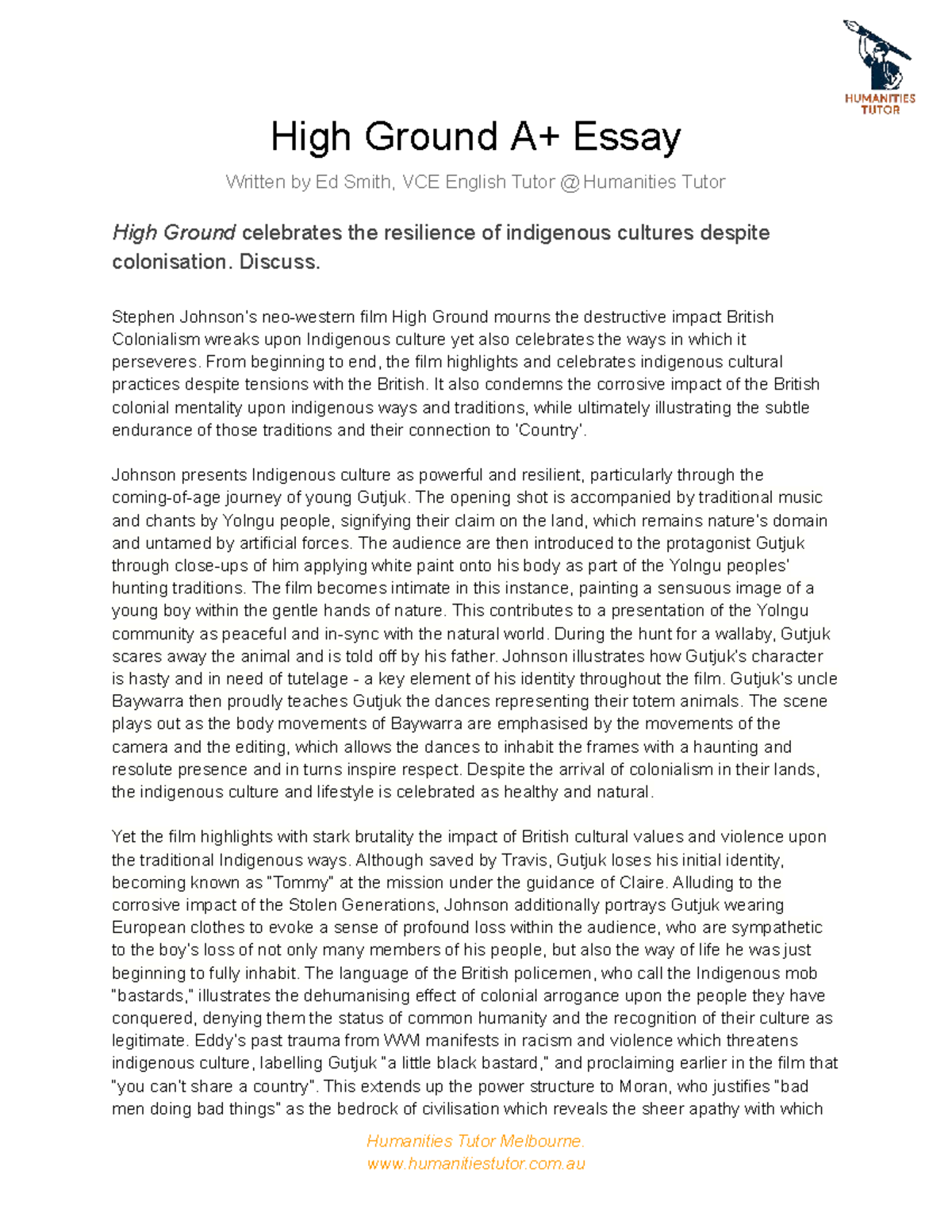 High Ground A+ Essay Analysis - VCE English - Studocu