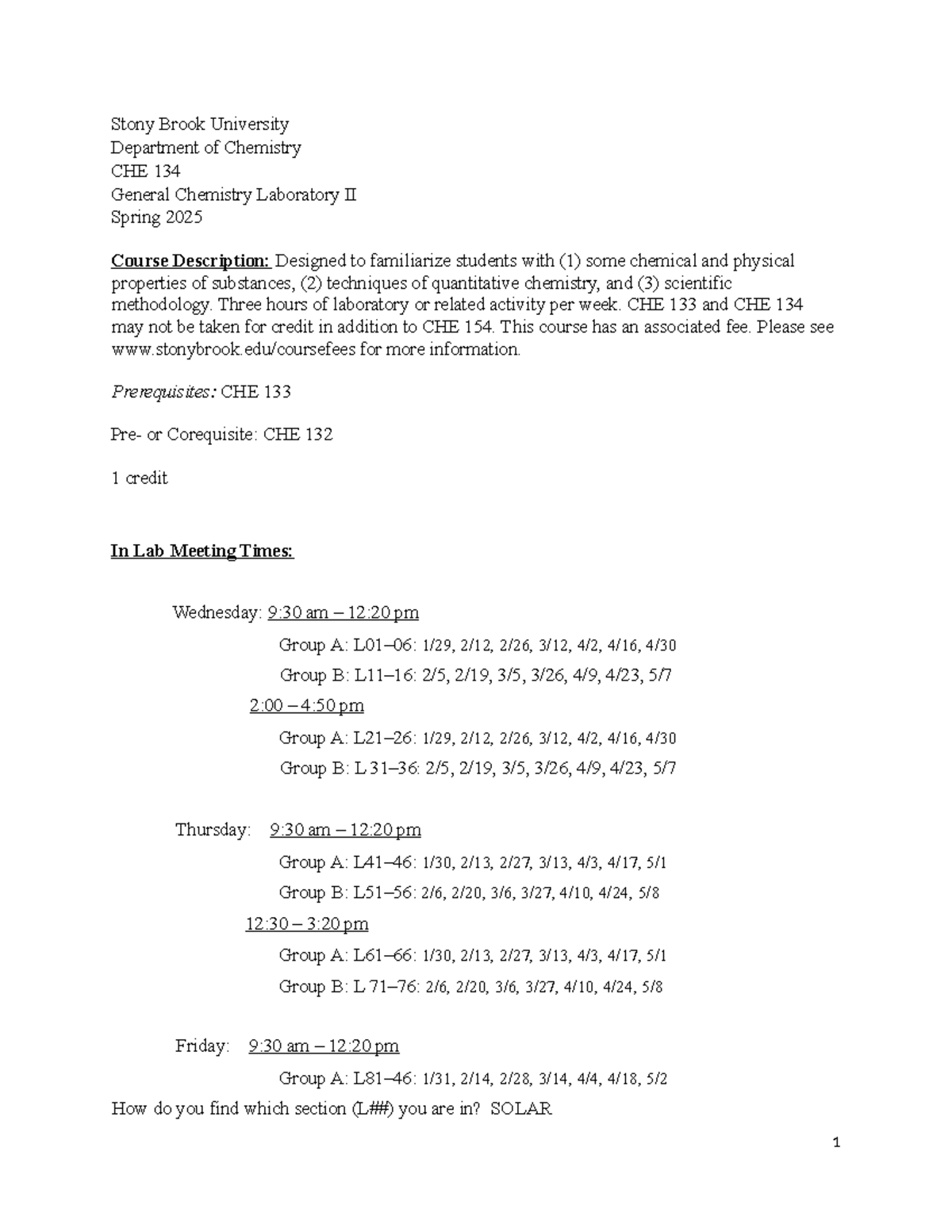CHE 134: General Chemistry Lab II Syllabus for Spring 2025 - Studocu