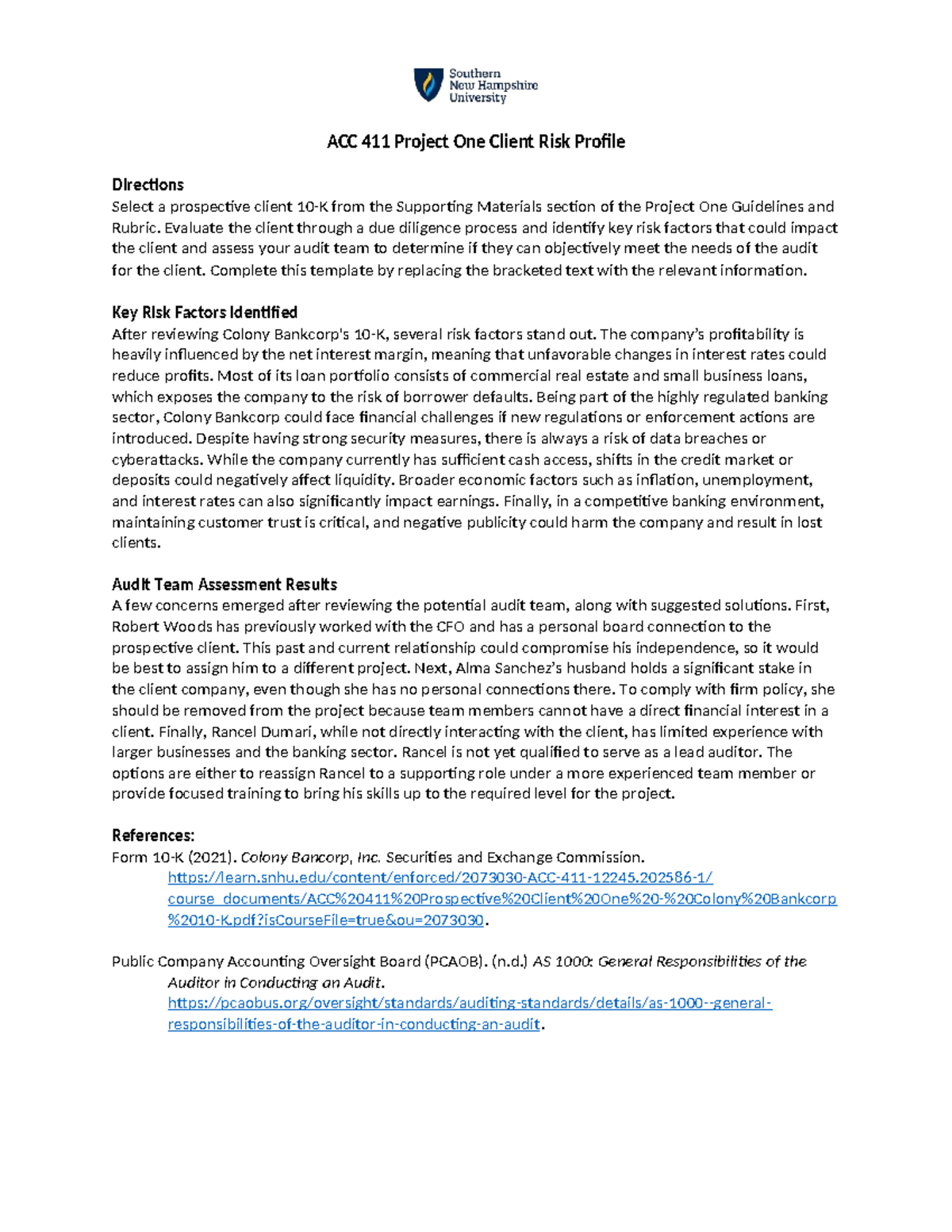 ACC 411 Project One: Client Risk Profile Analysis and Audit Team ...