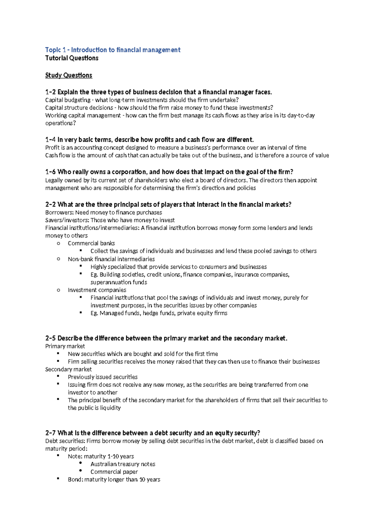 FIN 301 - Topic 1 Study Questions on Financial Management - Studocu
