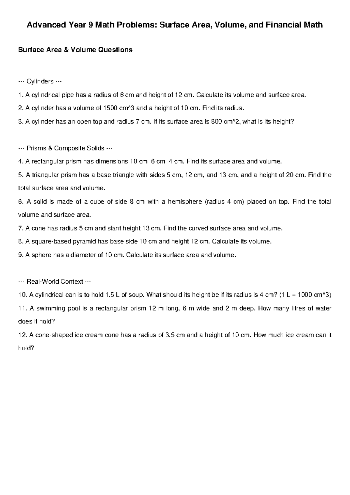 Year 9 Math Challenging Problems: Surface Area, Volume & Finance - Studocu