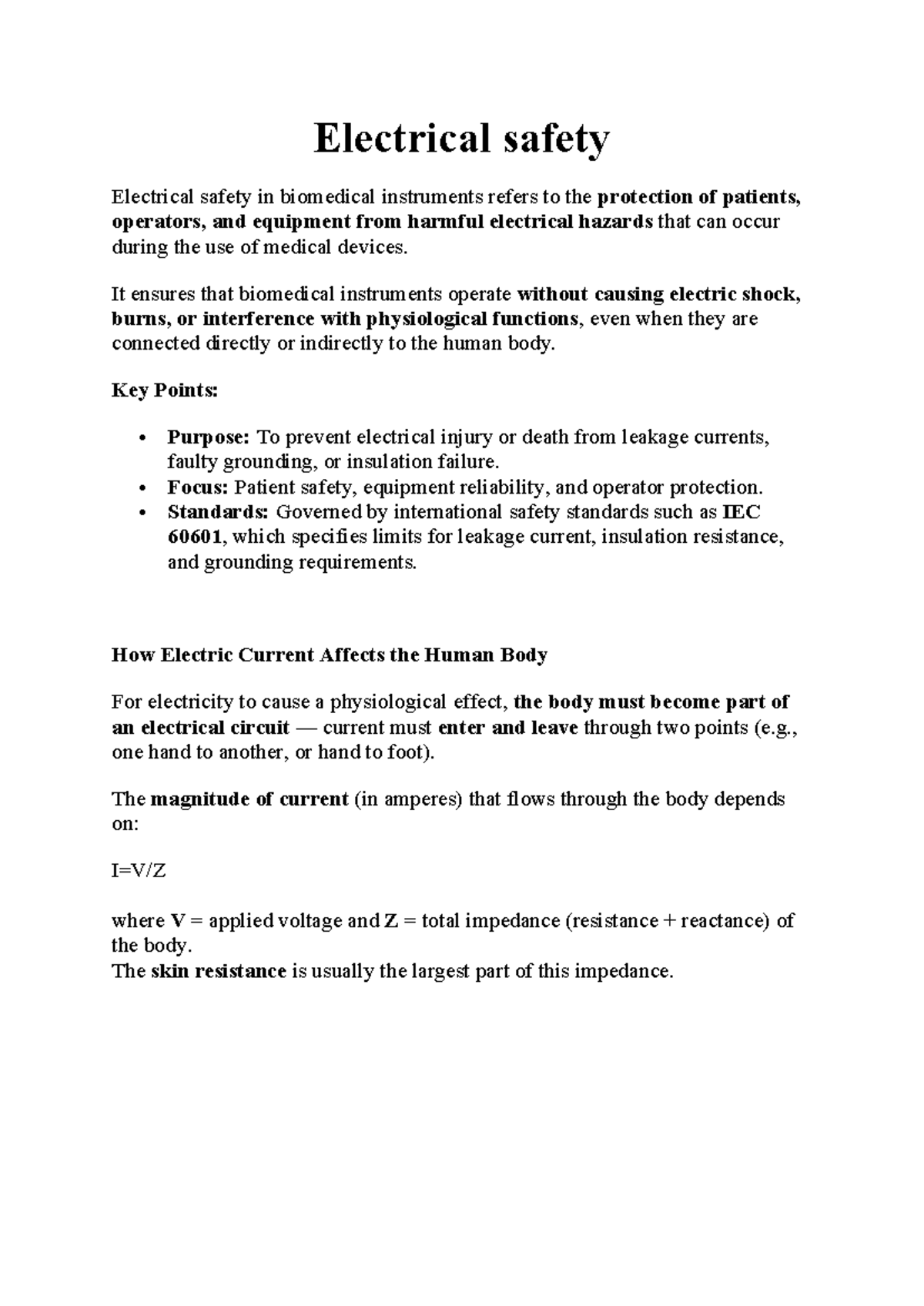 Electrical Safety in Biomedical Instruments: Key Concepts and Hazards -  Studocu