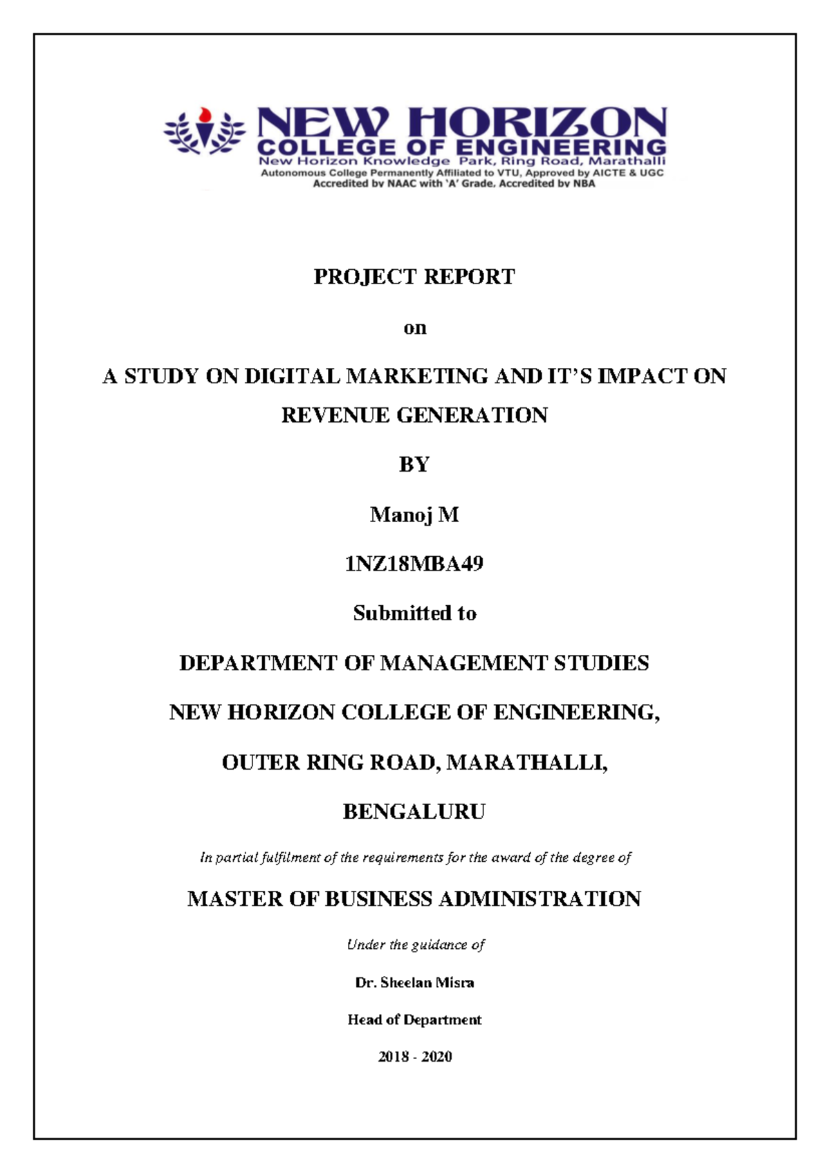 MBA Project Report: Digital Marketing & Its Impact on Revenue (1NZ18MBA ...