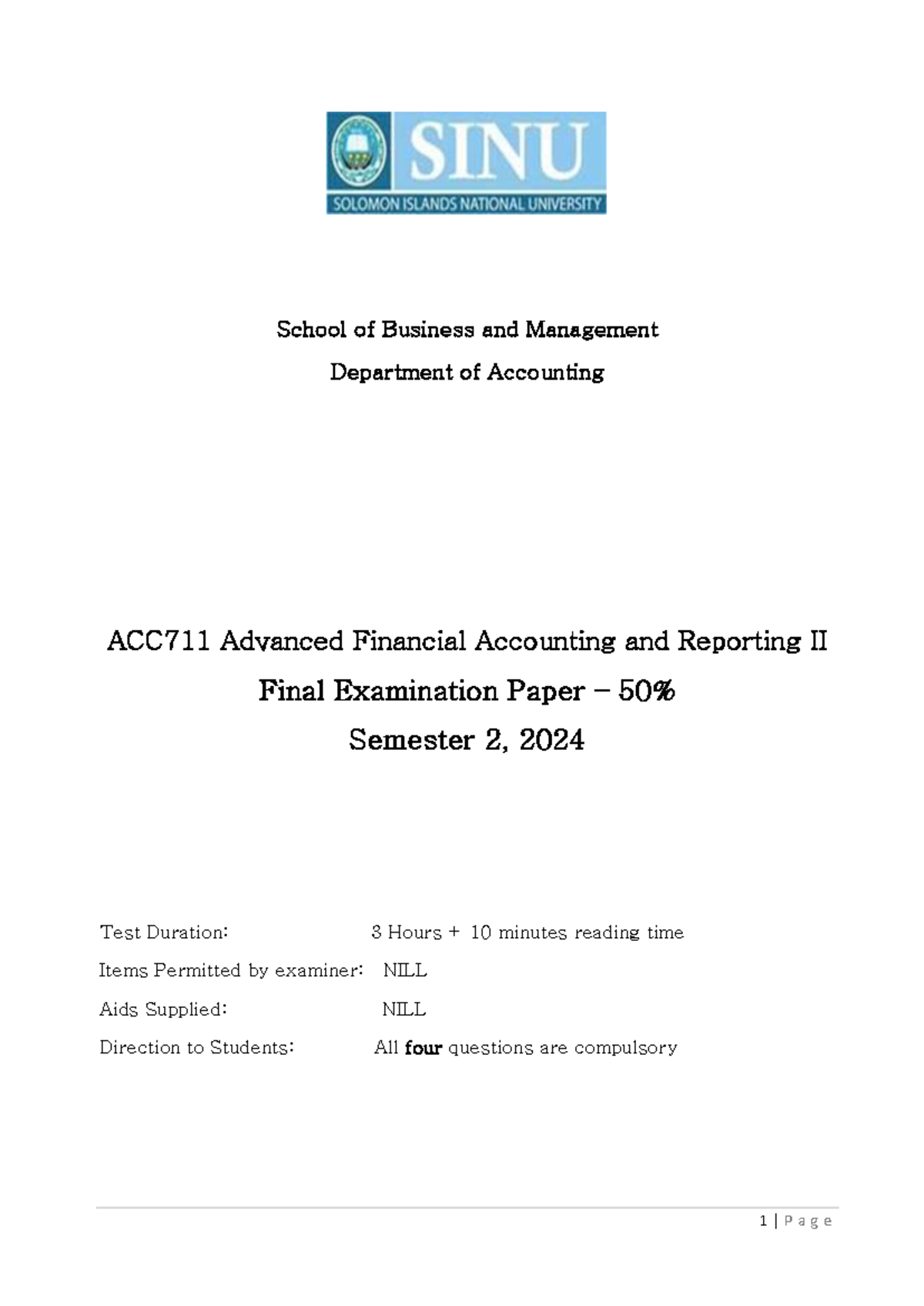ACC711 Advanced Financial Accounting & Reporting II Final Exam Paper ...