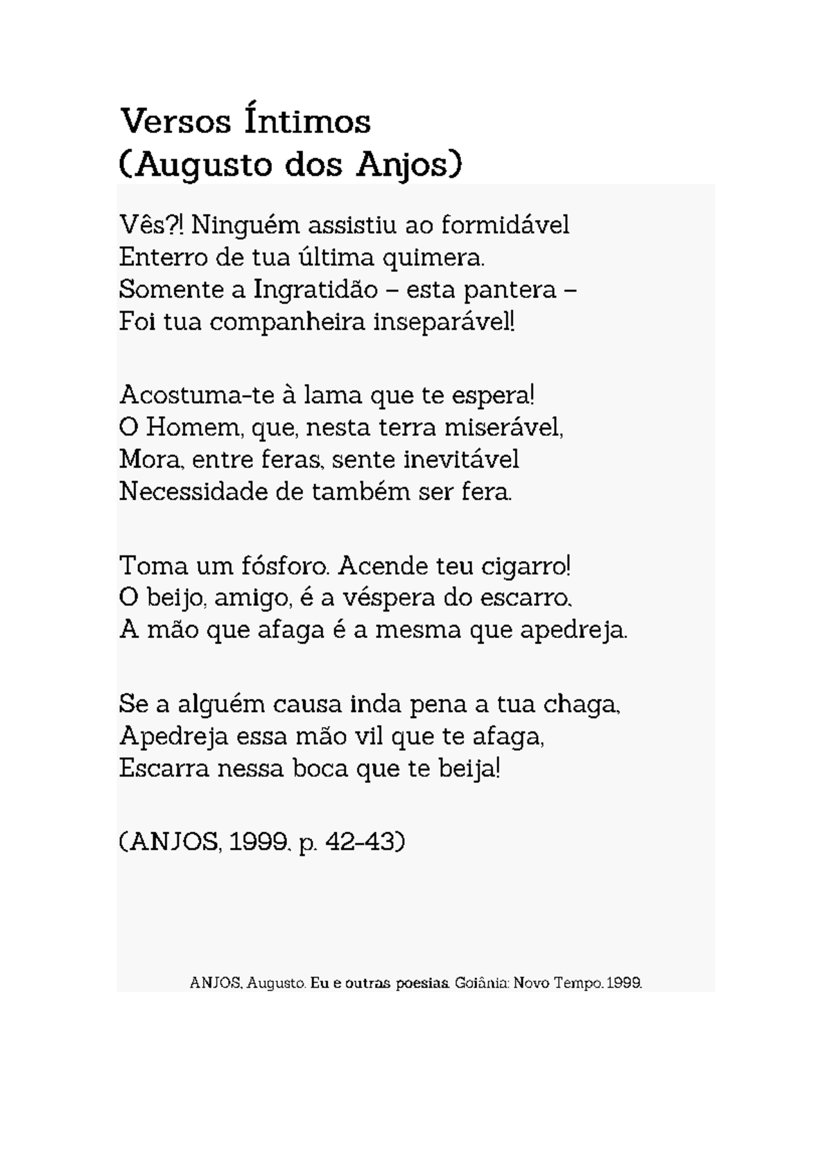 Versos Íntimos - Análise e Interpretação de Augusto dos Anjos - Studocu