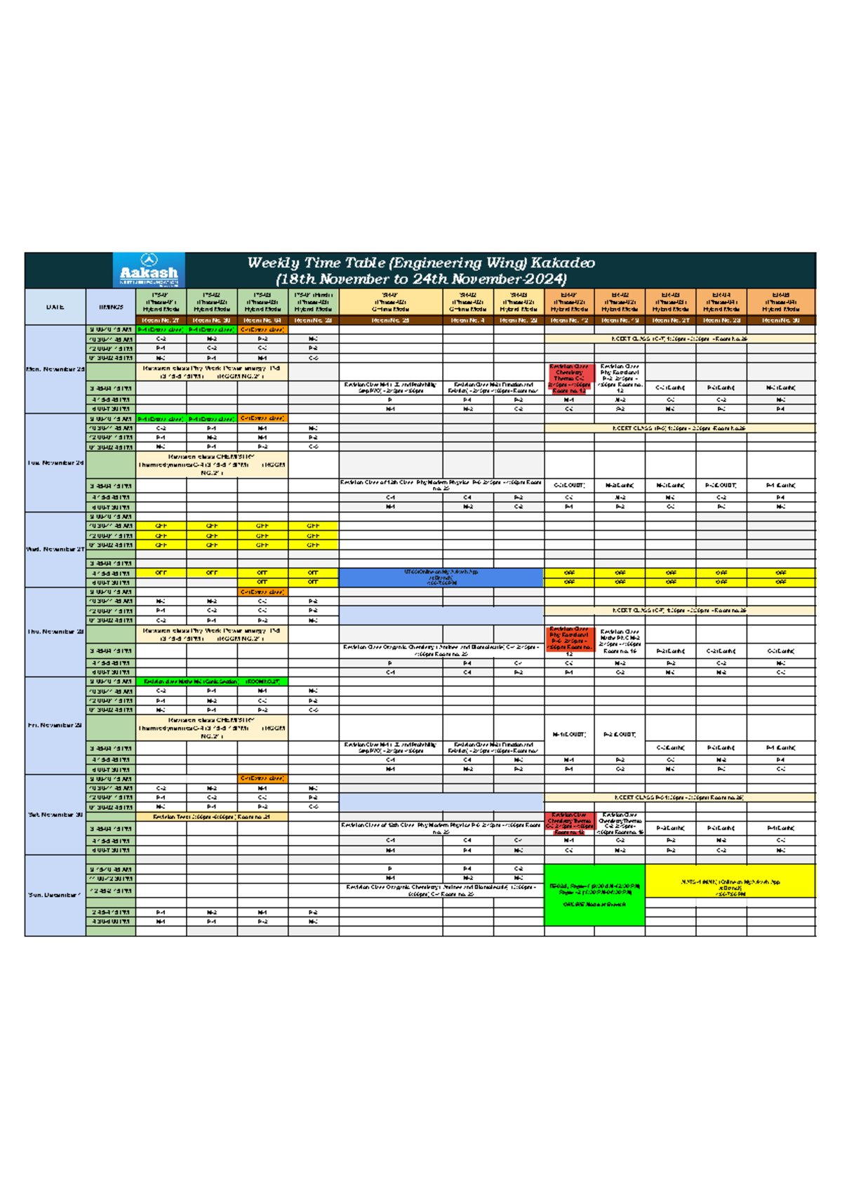 Weekly Time Table for Engineering Classes (Nov 18-24, 2024) - Studocu