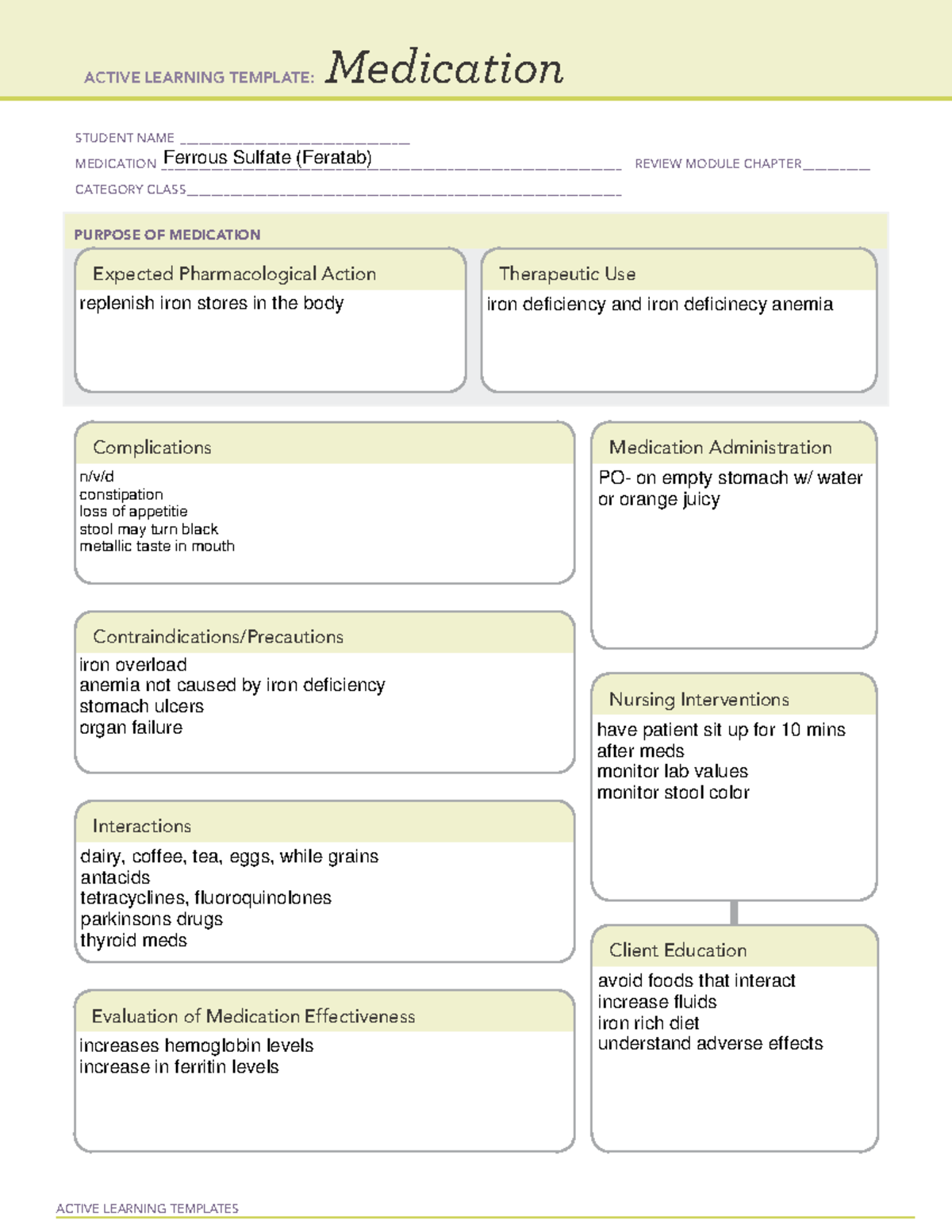 ACTIVE LEARNING TEMPLATE: Ferrous Sulfate (Feratab) Review Module - Studocu