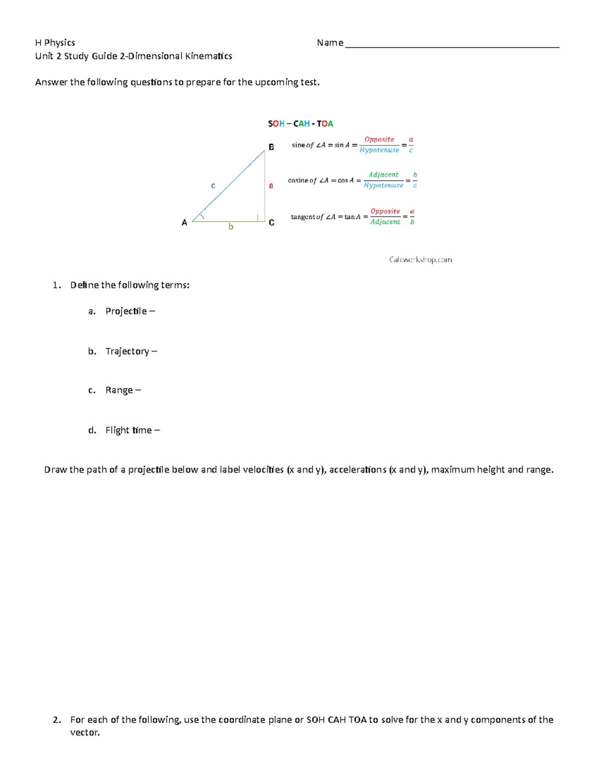 Unit 2 Study Guide - 2D Kinematics for H Physics Exam Prep - Studocu
