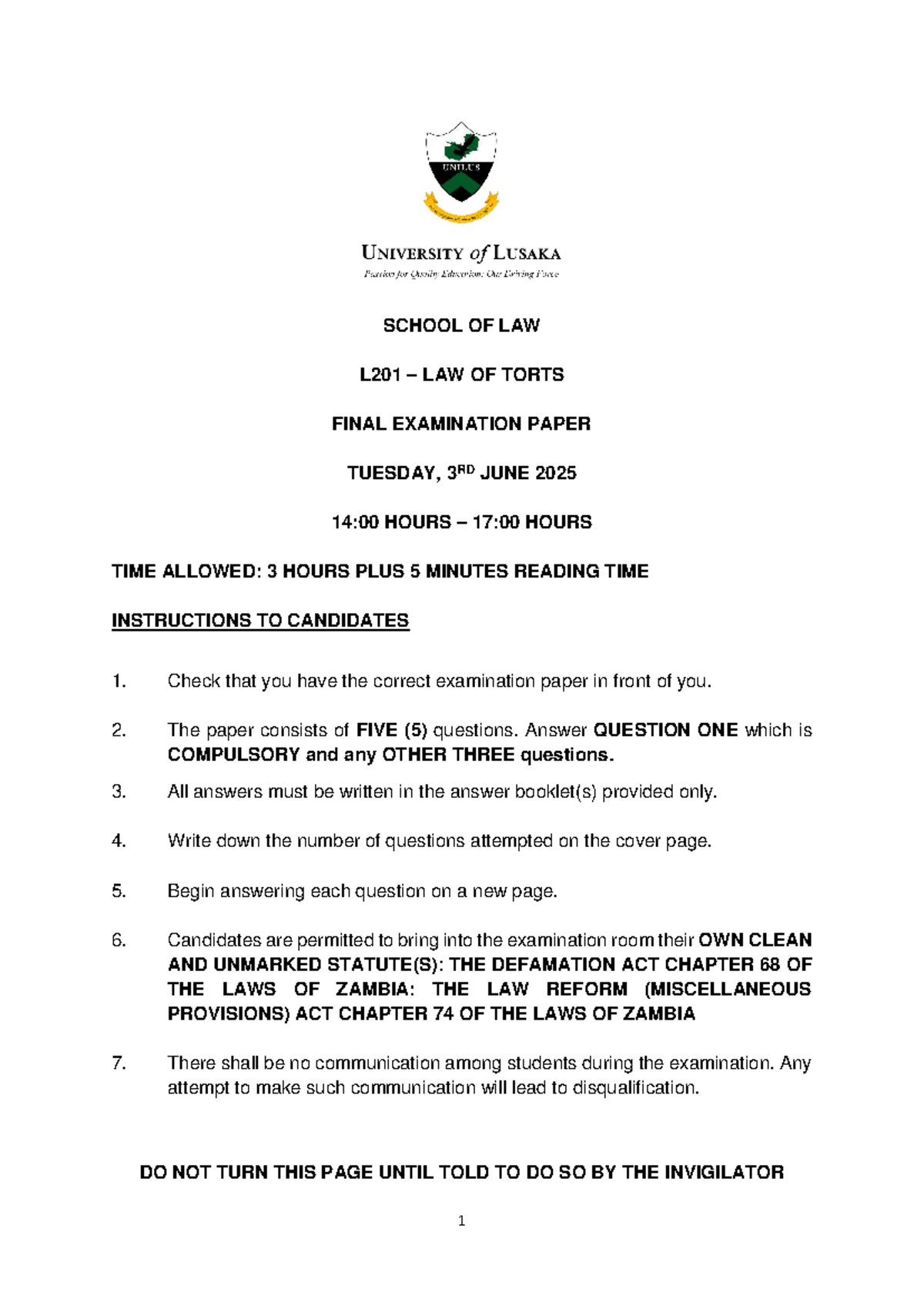 L201 LAW OF TORTS FINAL EXAMINATION PAPER - JUNE 2025 - Studocu
