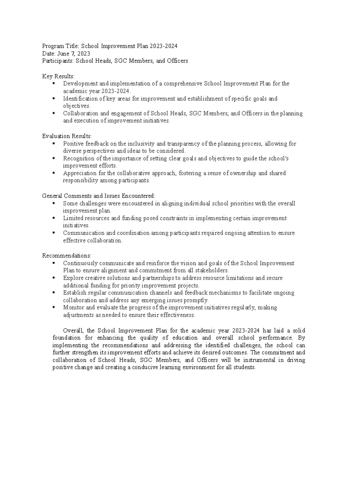 Sip june 7, 2023 AR - Program Title: School Improvement Plan 2023- Date ...