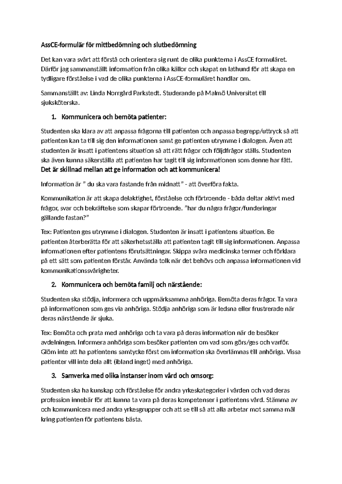 AssCE Lathund för VFU: Kommunikativa och Omvårdnadsfärdigheter - Studocu