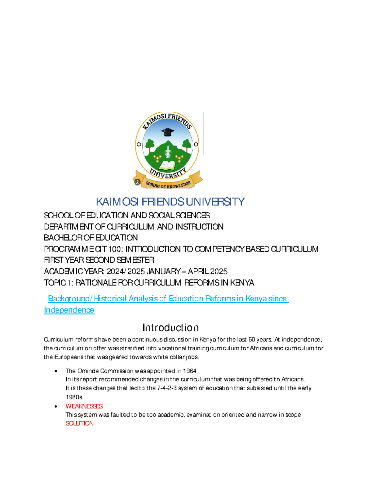 CIT 100: Notes on Curriculum Reforms and Competency-Based Education ...