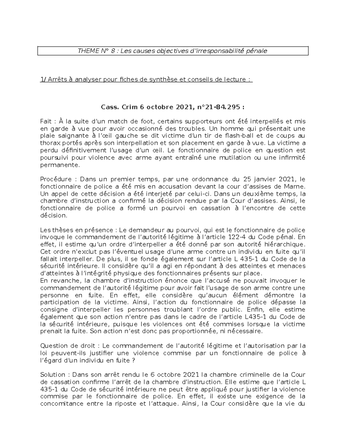 Td 8 - Les causes objectives d'irresponsabilité pénale et leurs ...