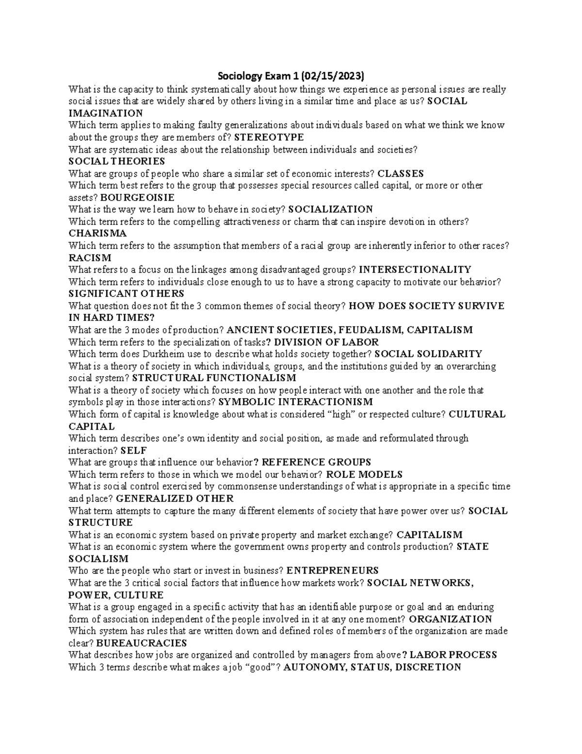 Sociology 101: Exam 1 Cheat Sheet - Key Terms & Concepts - Studocu