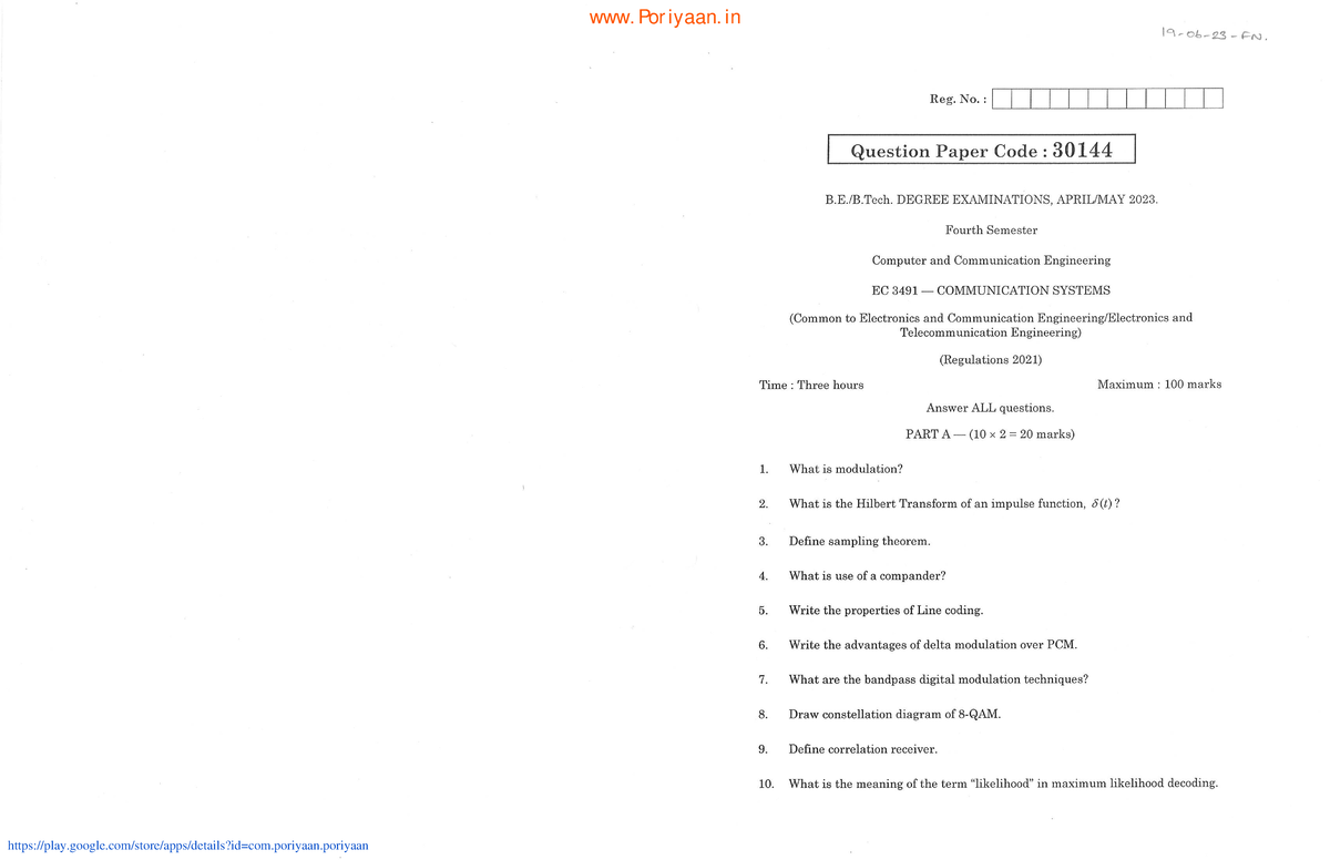 Communication Systems - EC3491 Semester Question Paper April-May 2023 ...