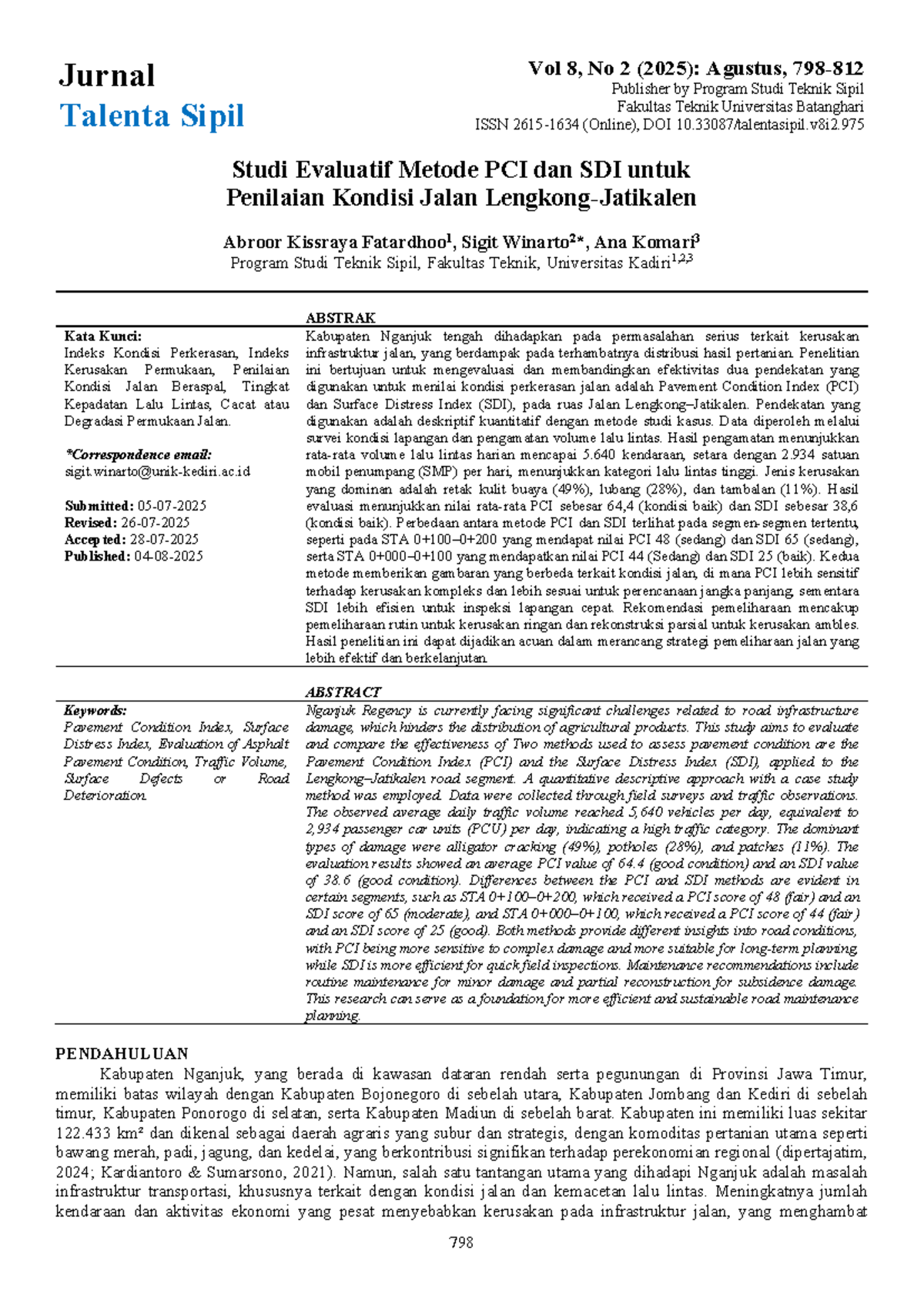 Studi Evaluatif Metode PCI dan SDI untuk Penilaian Kondisi Jalan (TEK ...