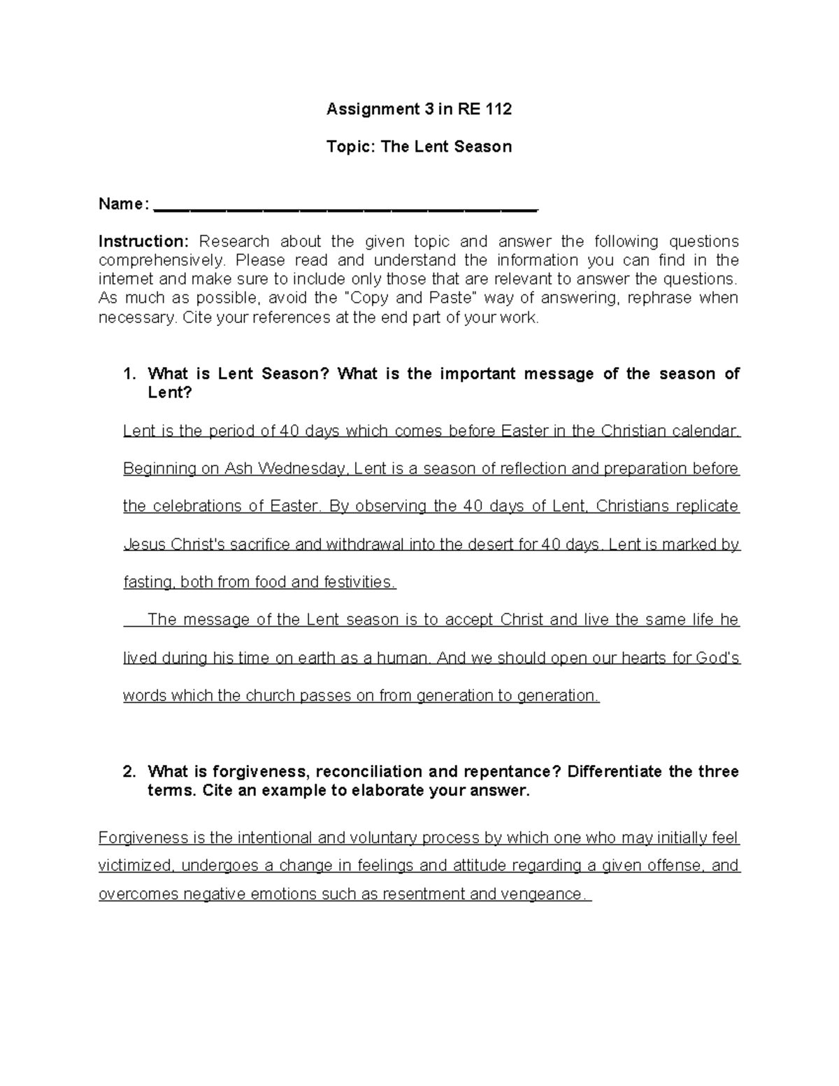 Assignment 3 in RE 112 - Assignment 3 in RE 112 Topic: The Lent Season ...
