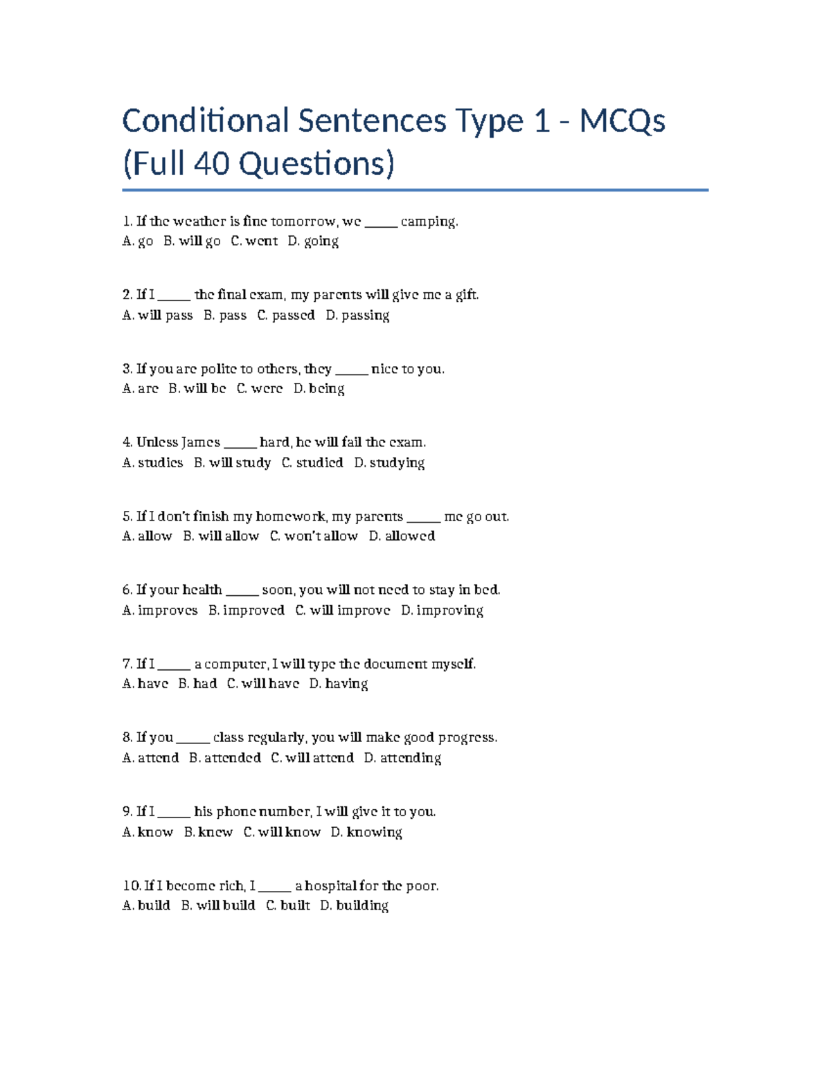 Conditional Sentences Type 1 MCQs (Full 40 Questions) - DSASA - Studocu