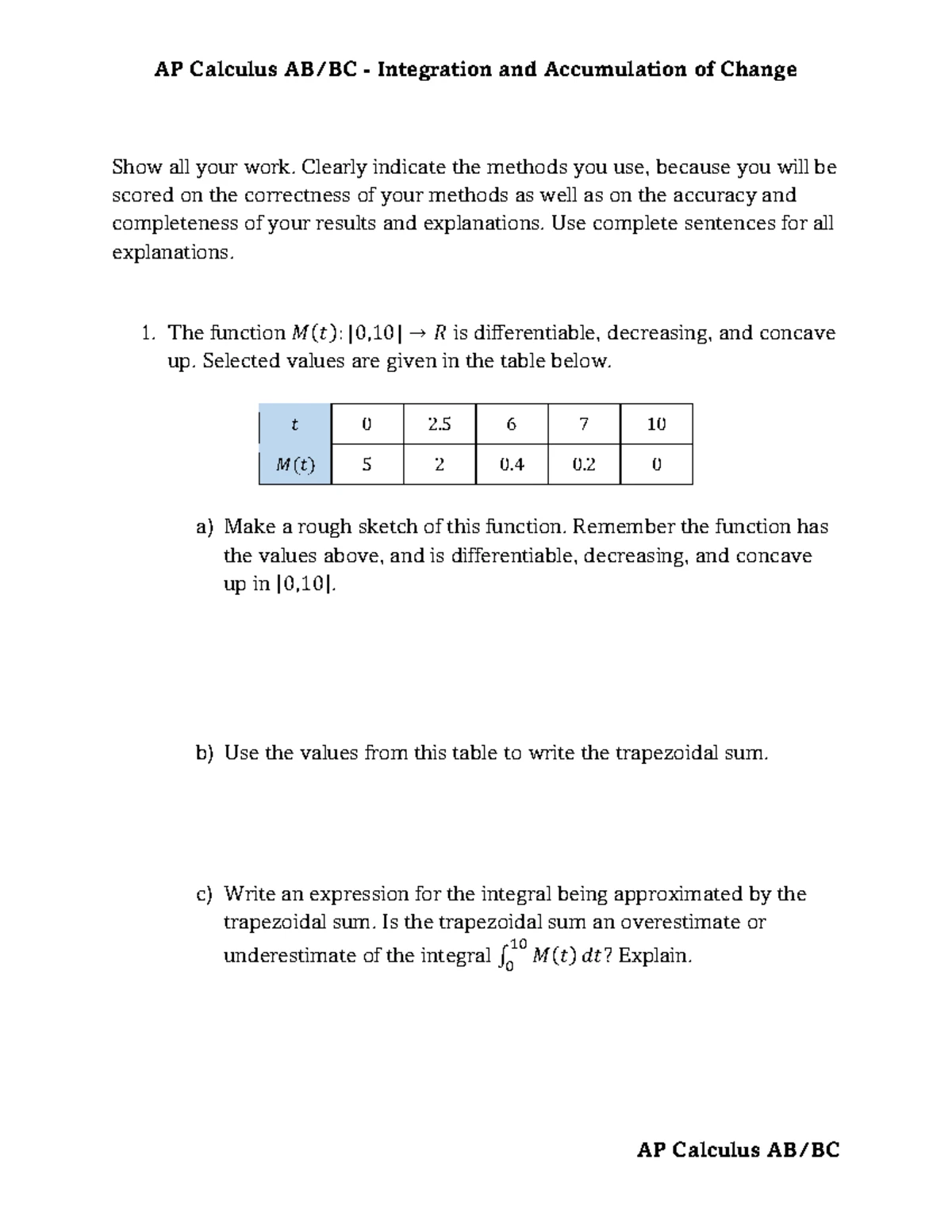AP Calculus AB Assignment 3: Contextual & Analytical Applications of ...