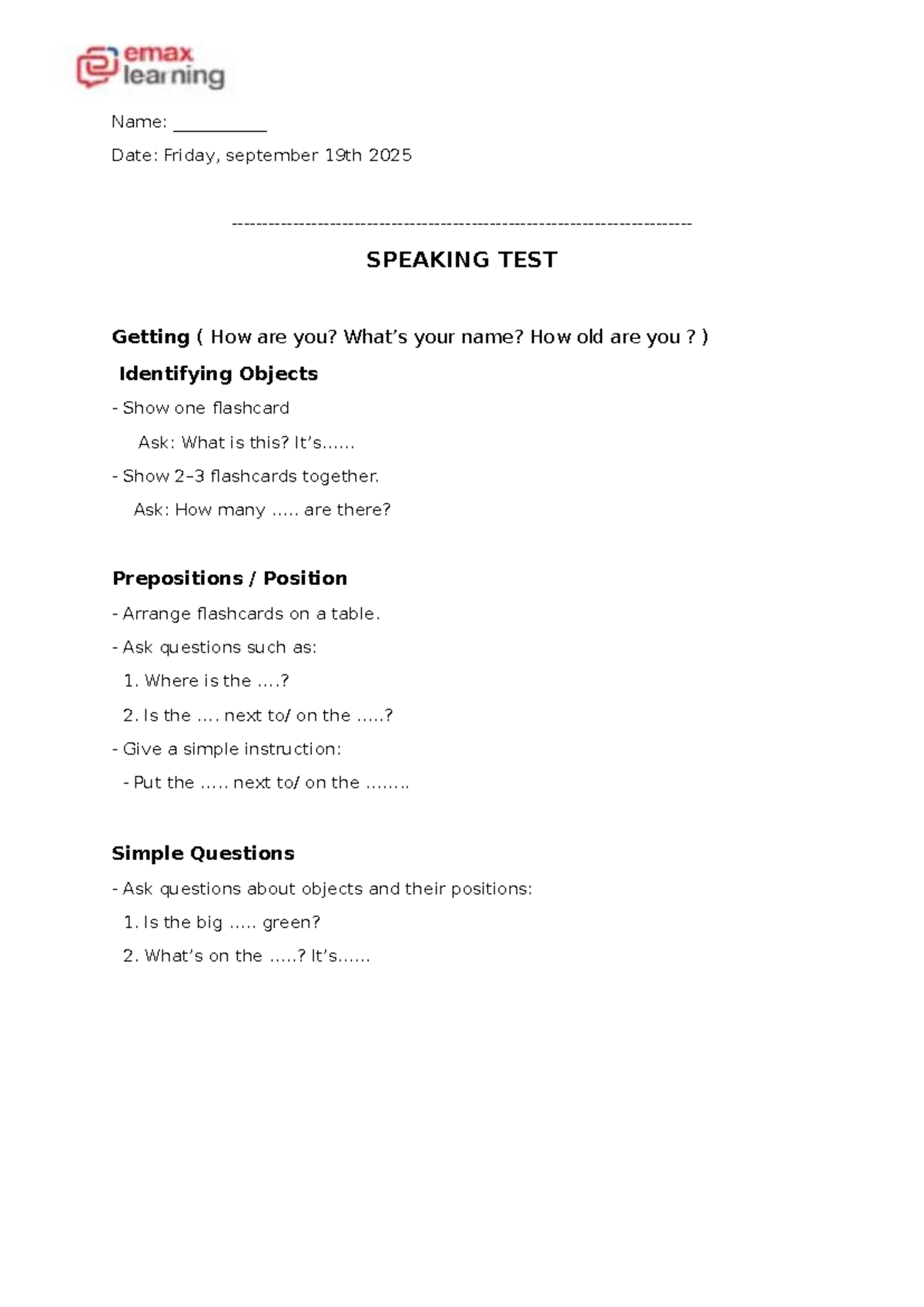 Speaking test - Name: ___________ Date: Friday, september 19th 2025 ...