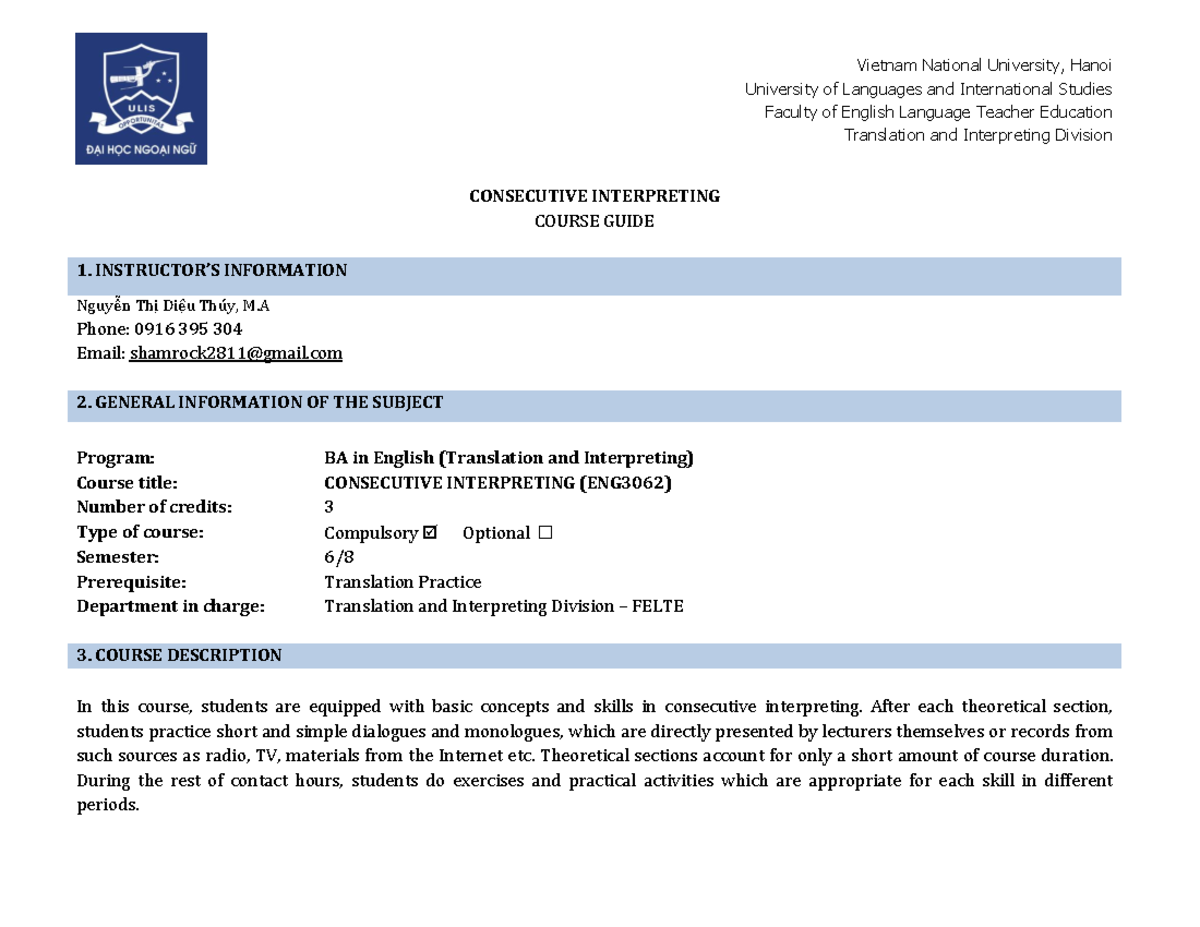 ENG3062 Consecutive Interpreting Course Guide and Syllabus - Studocu
