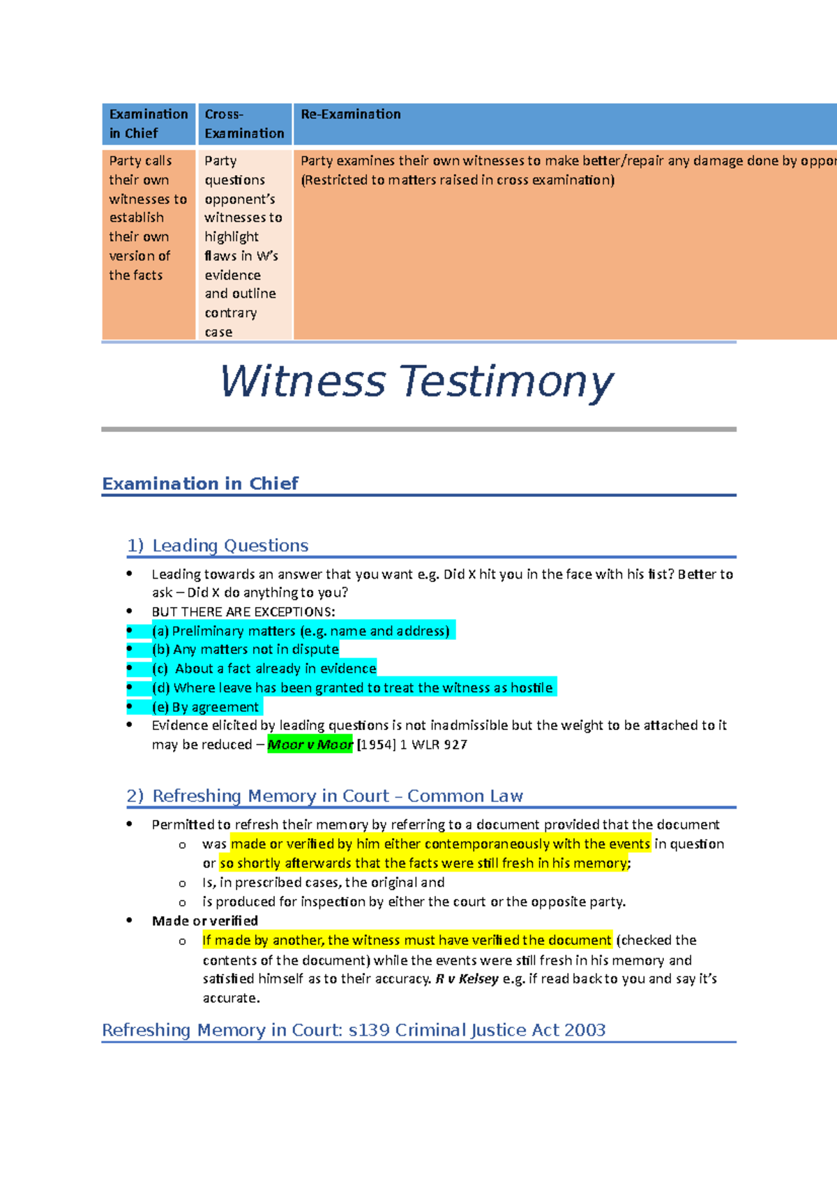 **(2) Witness Testimony - Lecture Notes on Exam & Cross-Examination ...
