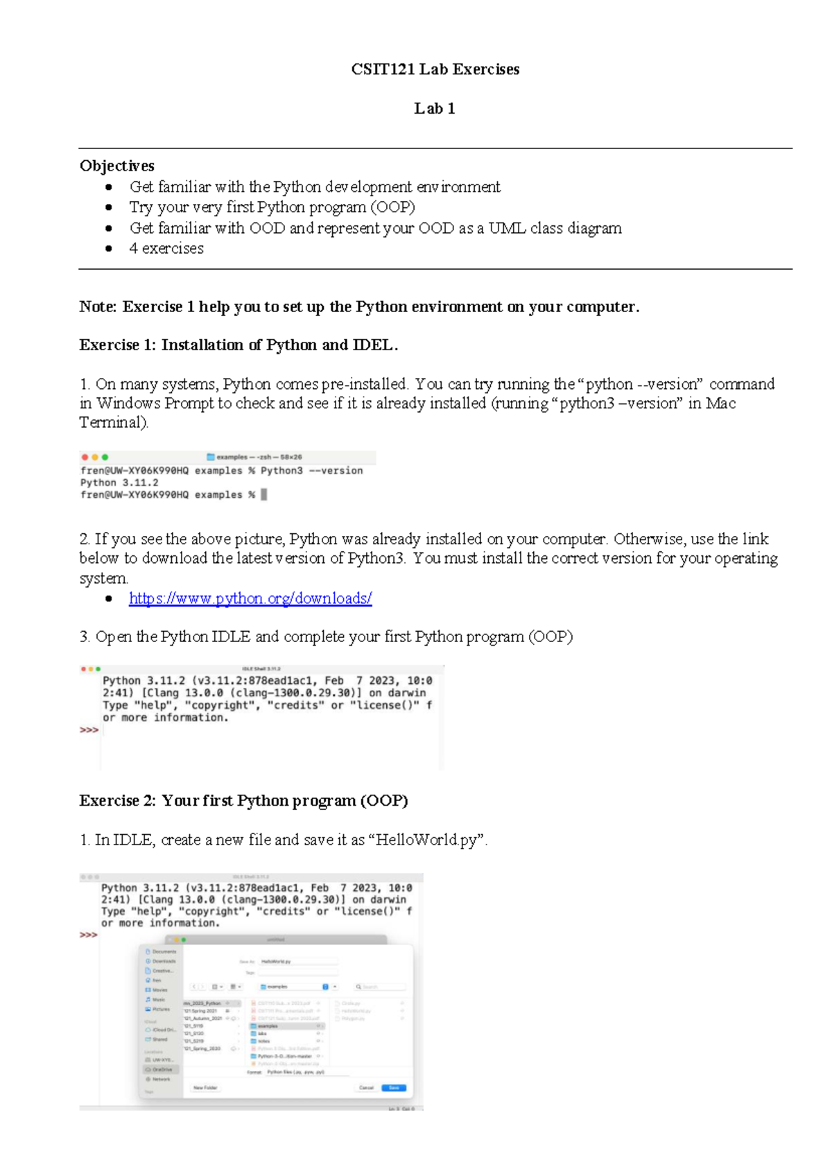 CSIT121 Lab 1: Python Environment Setup & OOP Exercises - Studocu