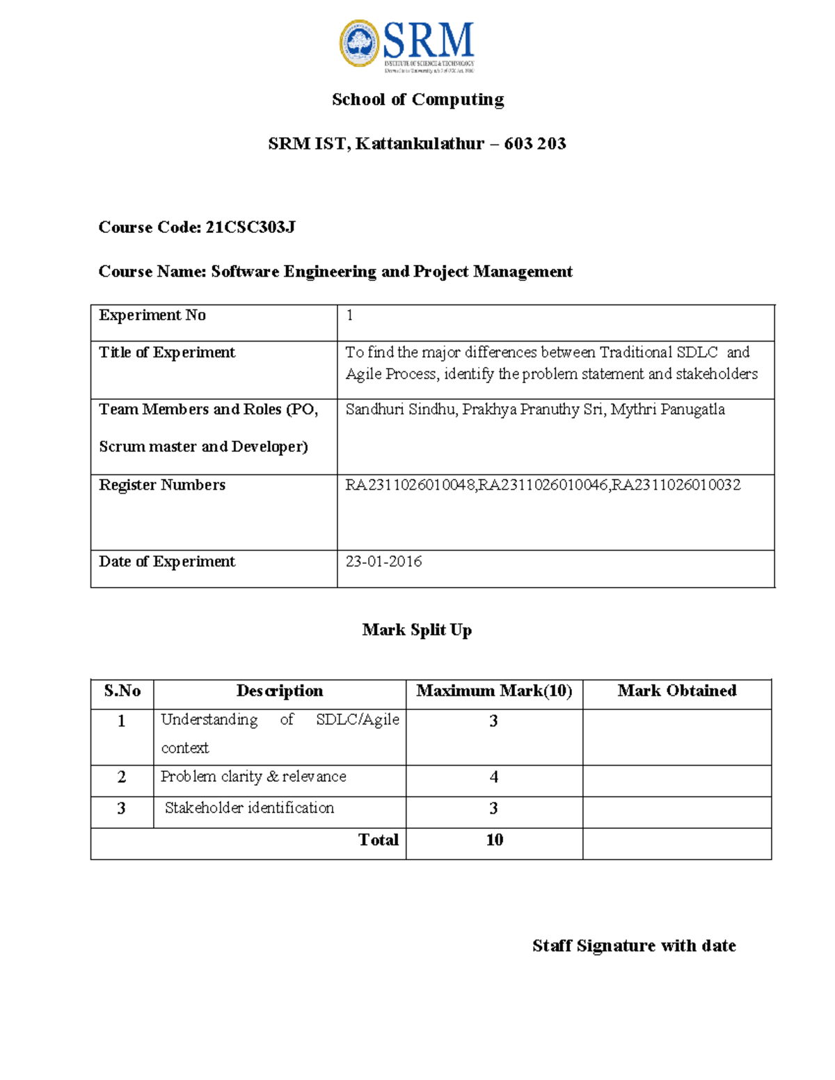 SEPM 21CSC303J Experiment 1: Traditional SDLC vs Agile Process - Studocu