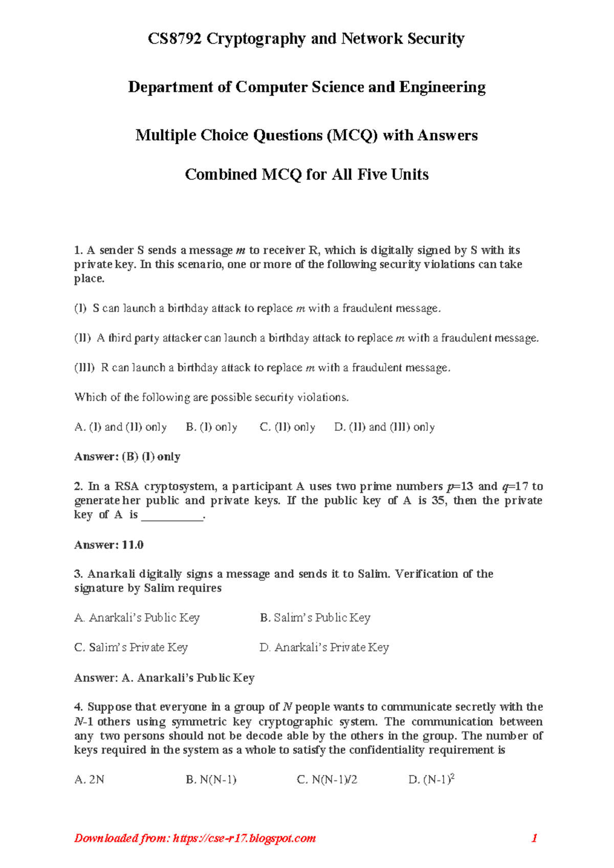 CS8792 Cryptography - Comprehensive MCQ Study Guide and Answers - Studocu