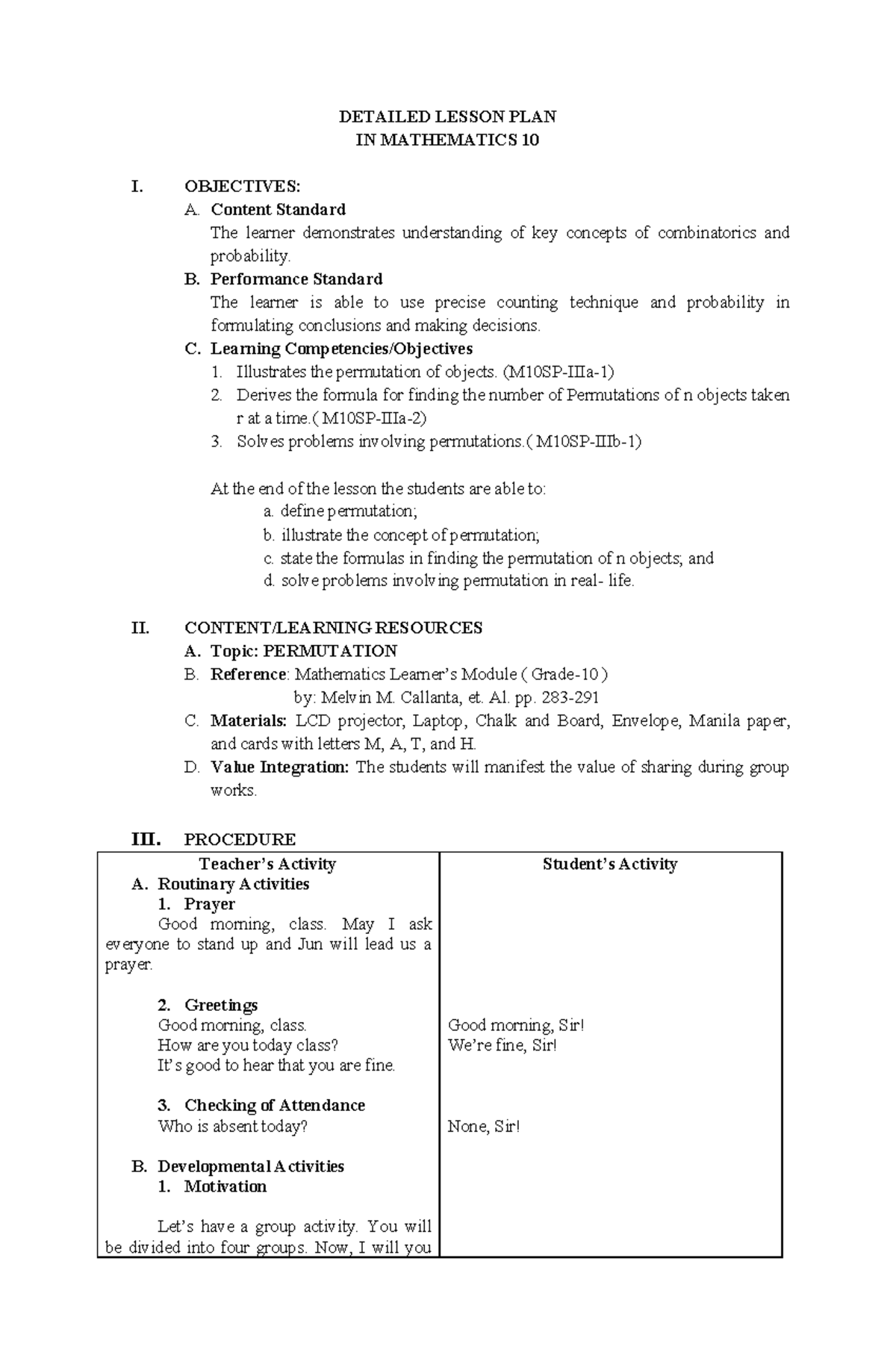 Detailed Lesson Plan on Permutations in Mathematics 10 - Studocu