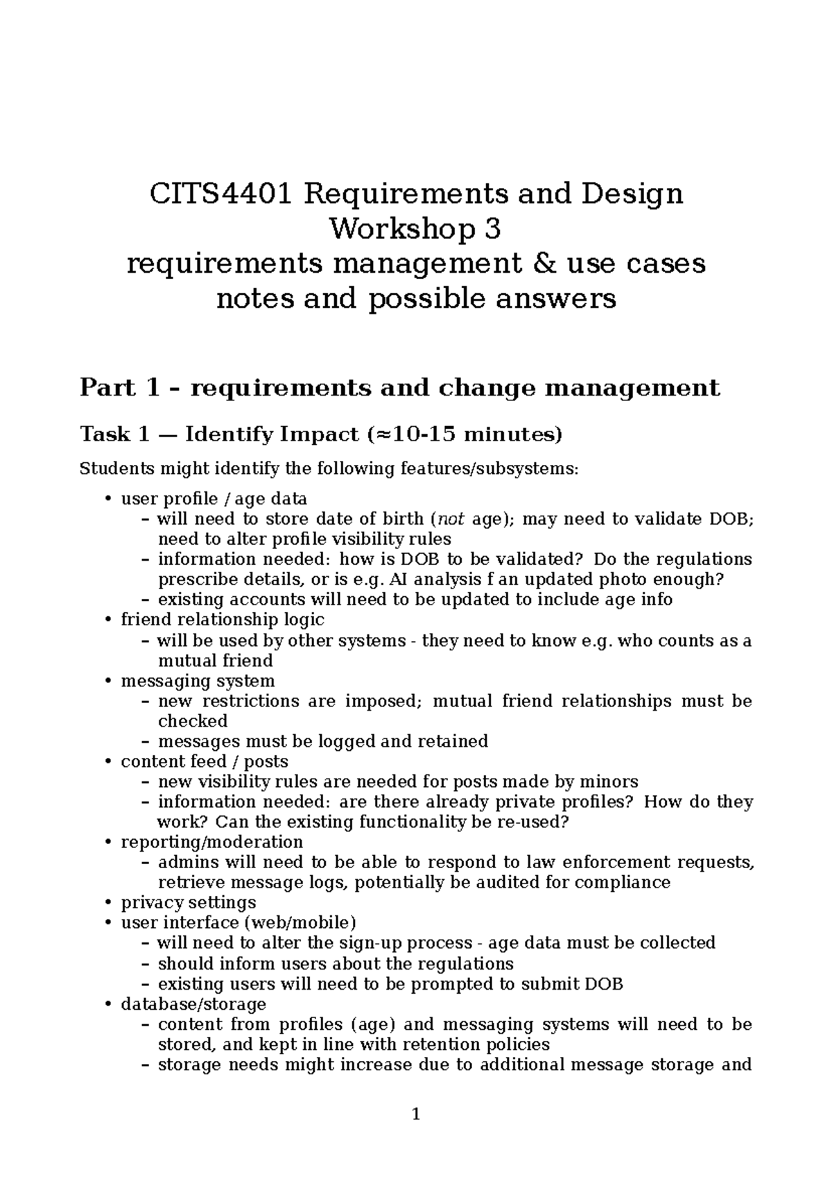 CITS4401 Workshop 3: Requirements Management & Use Cases Notes - Studocu