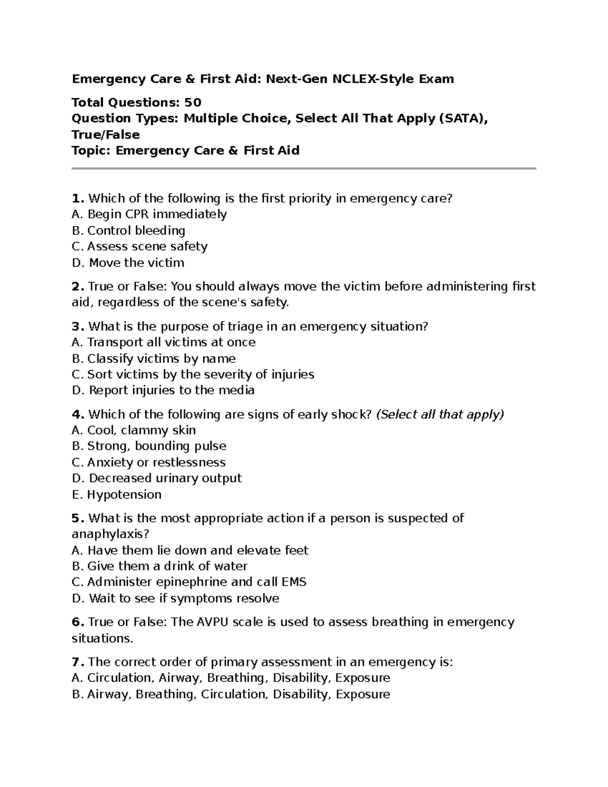 Emergency Care & First Aid: NCLEX Exam Q&A (Total 50 Questions) - Studocu
