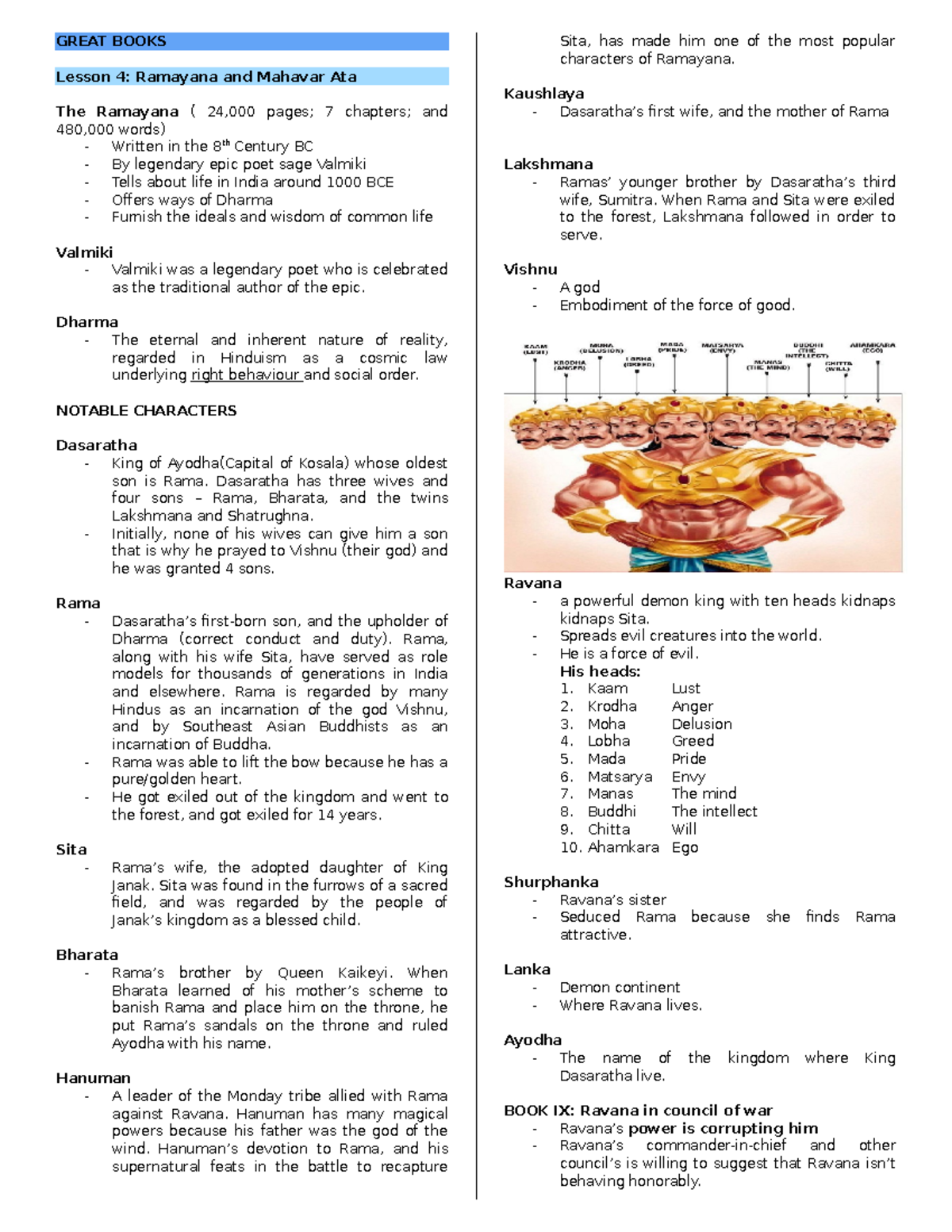 Great Books (WEEK 5) - Lesson on Ramayana and Mahabharata - Studocu