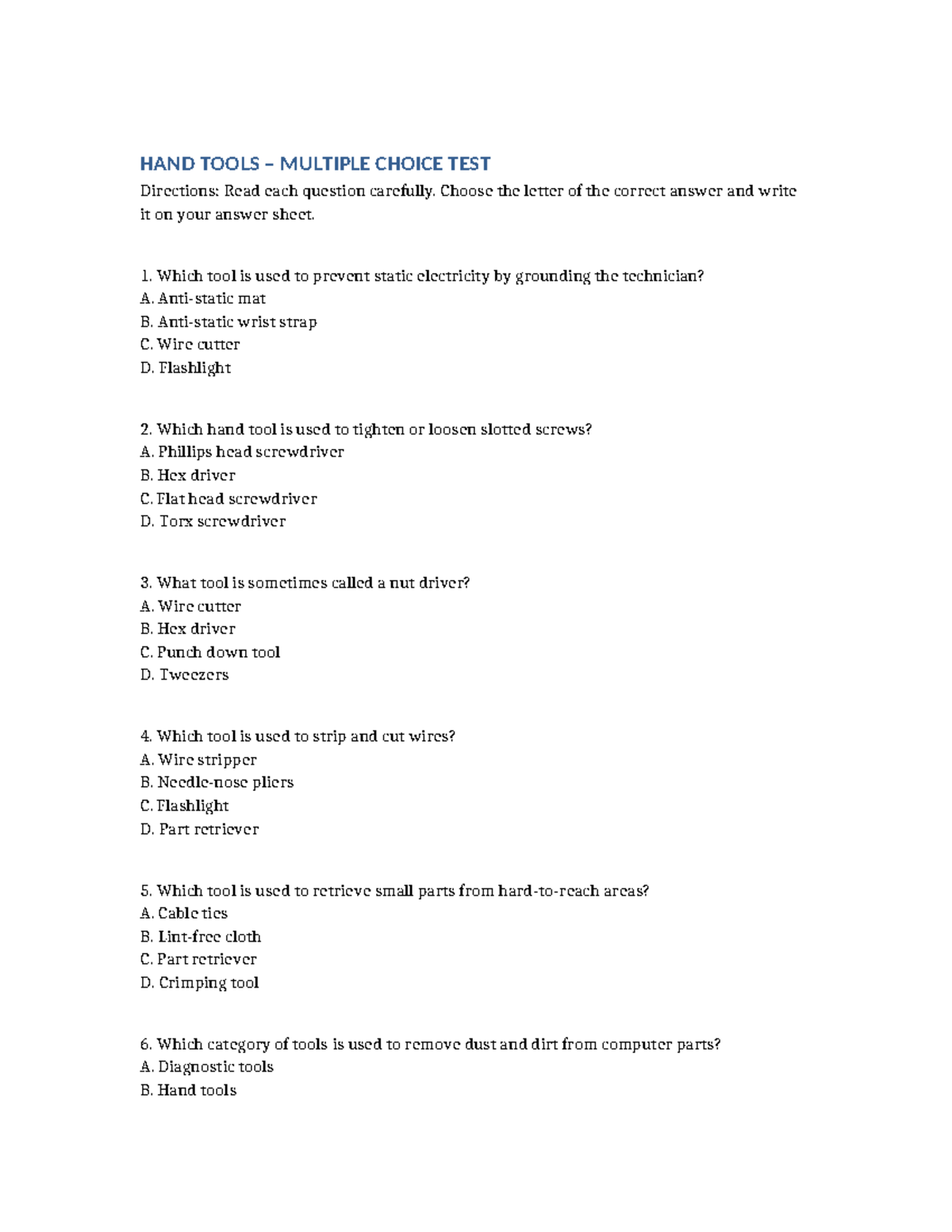 Hand Tools MCQ Test for Tech Students (Course Code: HT101) - Studocu