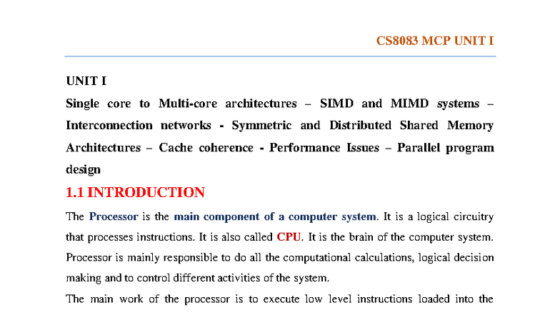 CS8083 MCP UNIT I Notes - Multi-Core Architecture and Programming - Studocu