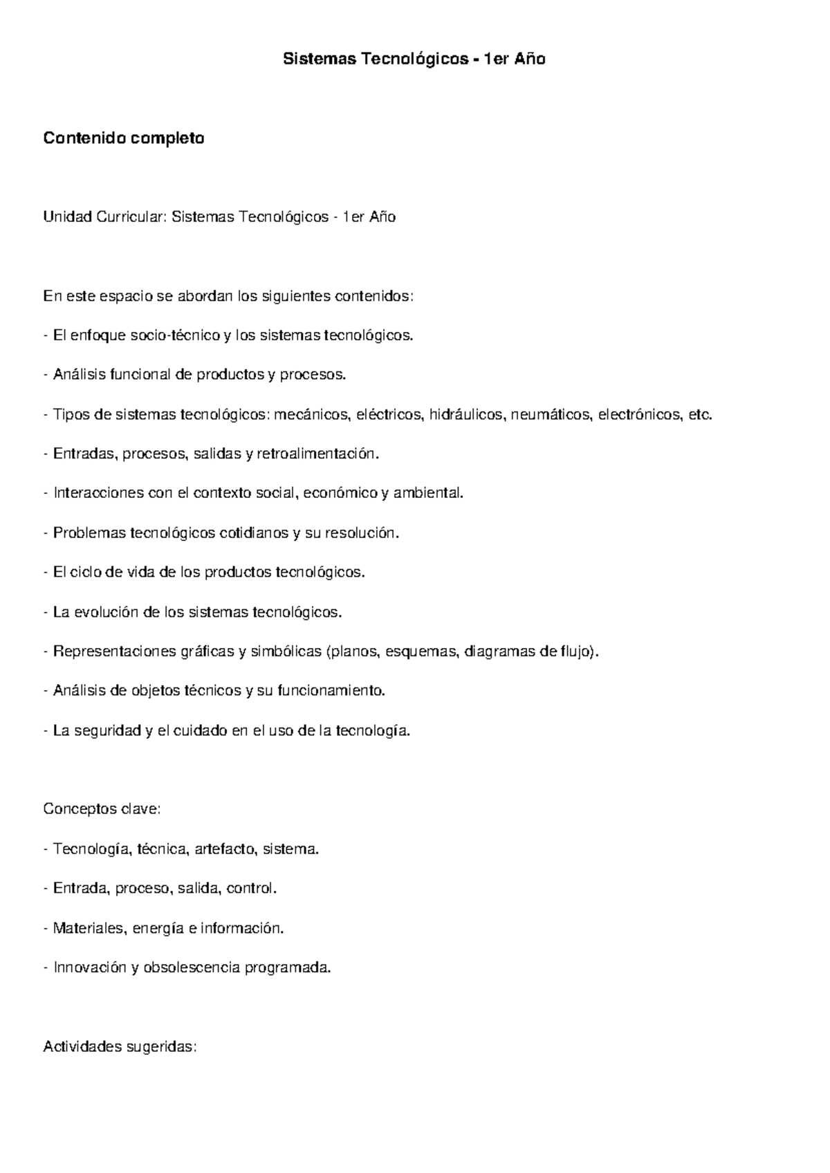 Sistemas Tecnolgicos 1er Ao: Contenido Completo y Anlisis - Studocu