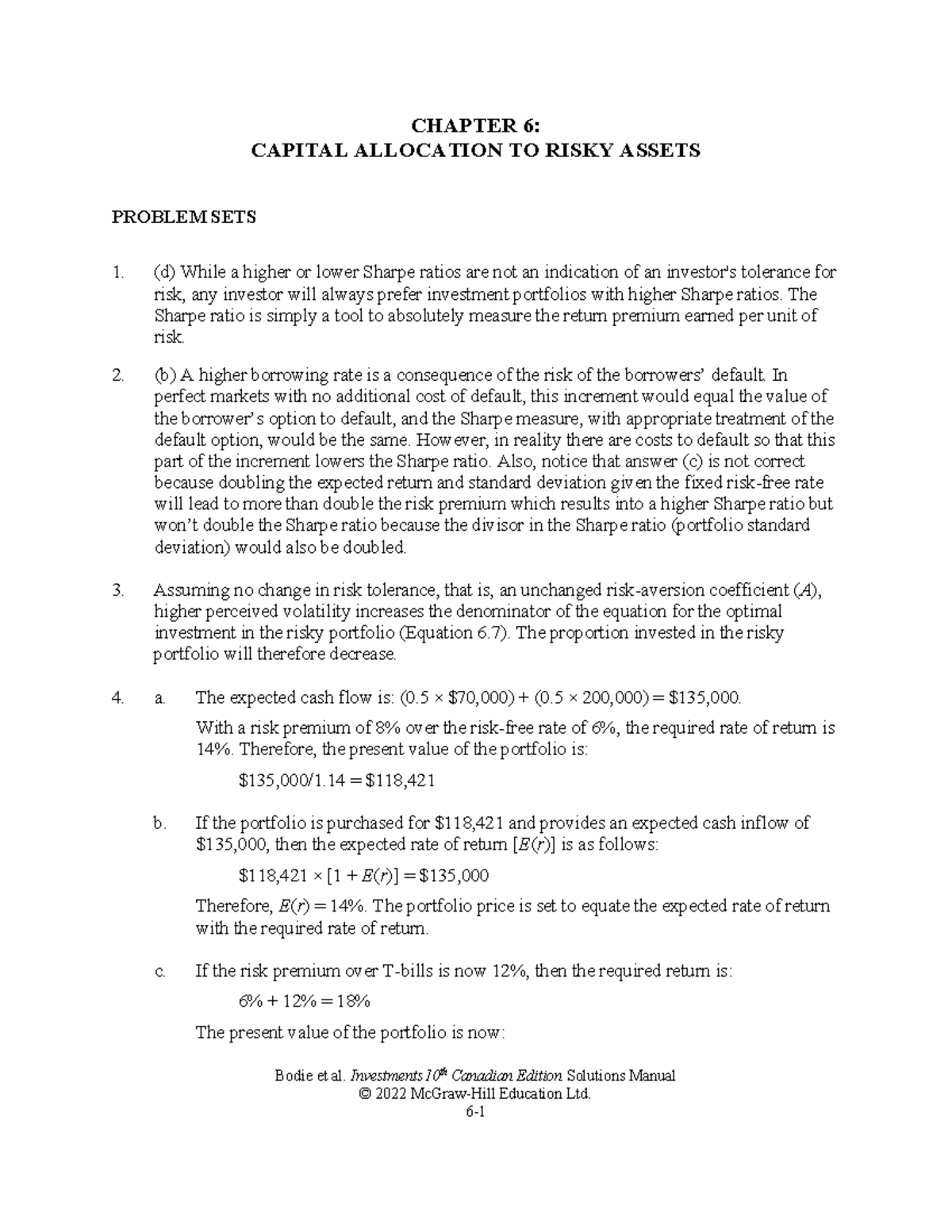 CHAPTER 6: CAPITAL ALLOCATION TO RISKY ASSETS PROBLEM SETS - SOLUTIONS ...