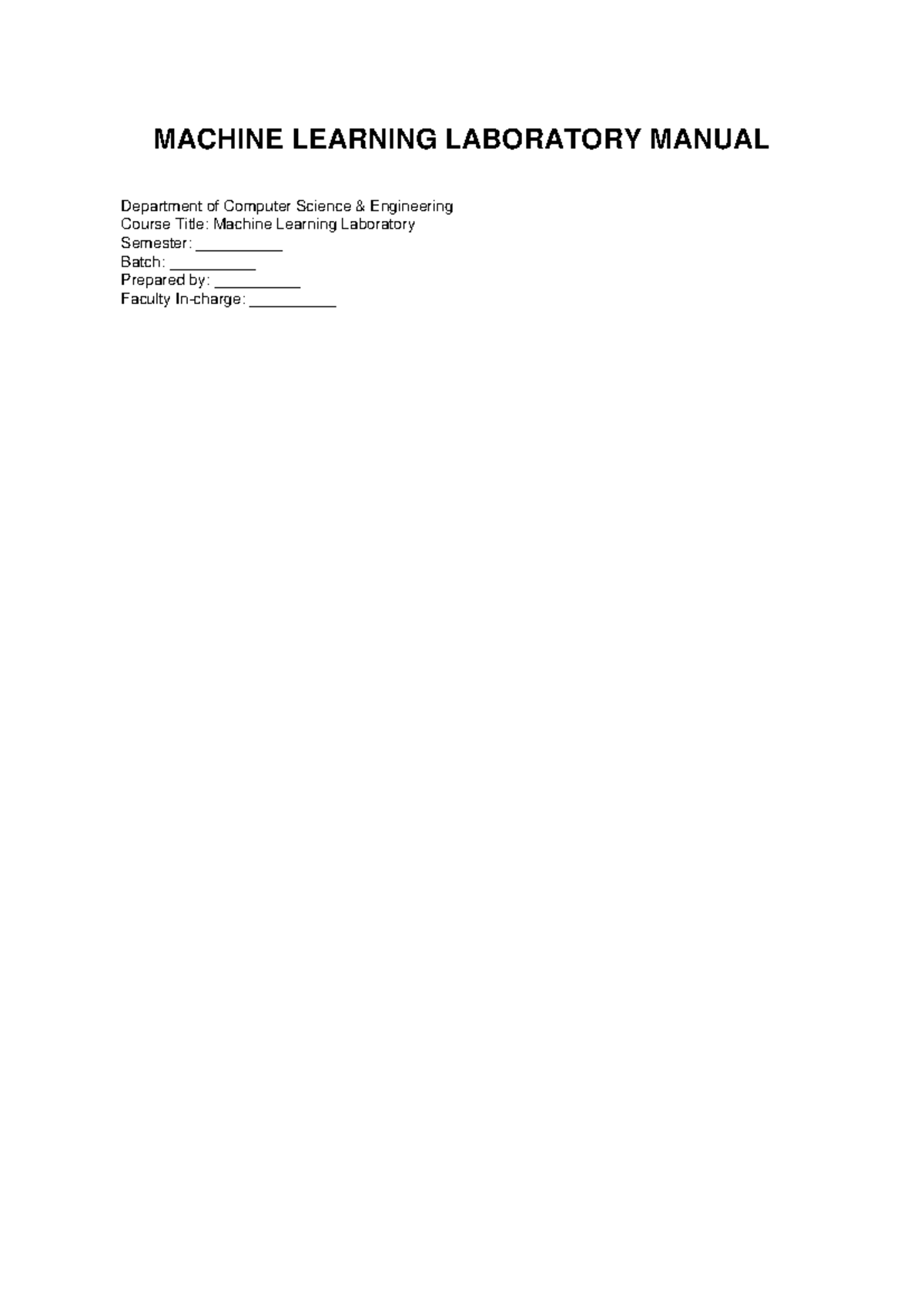 Machine Learning Laboratory Manual - CSE 101 - Studocu