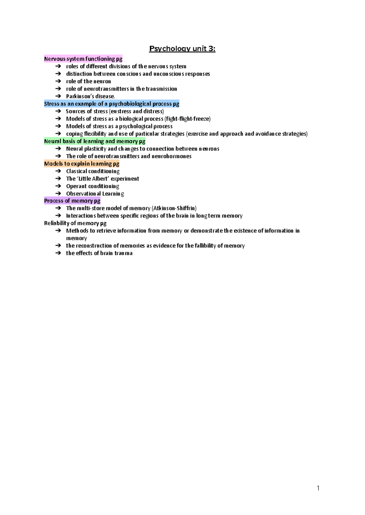 Yr 12 Psychology notes - Psychology unit 3: Nervous system functioning ...