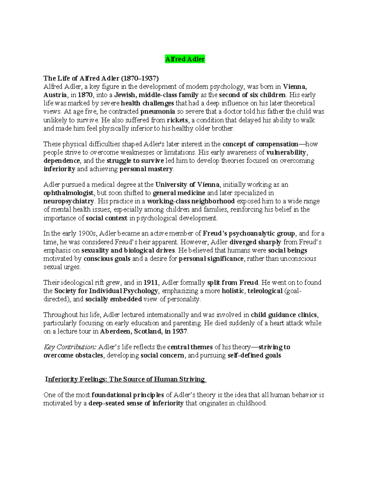 Adler notes from Schultz Textbook - Alfred Adler The Life of Alfred ...