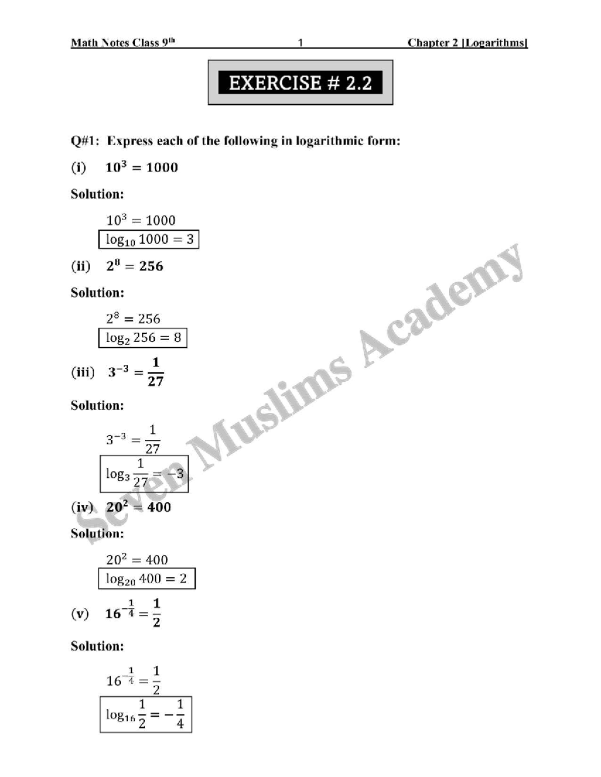 Math Notes Class 9th: Chapter 2 Exercise 2.2 Logarithmic Forms - Studocu