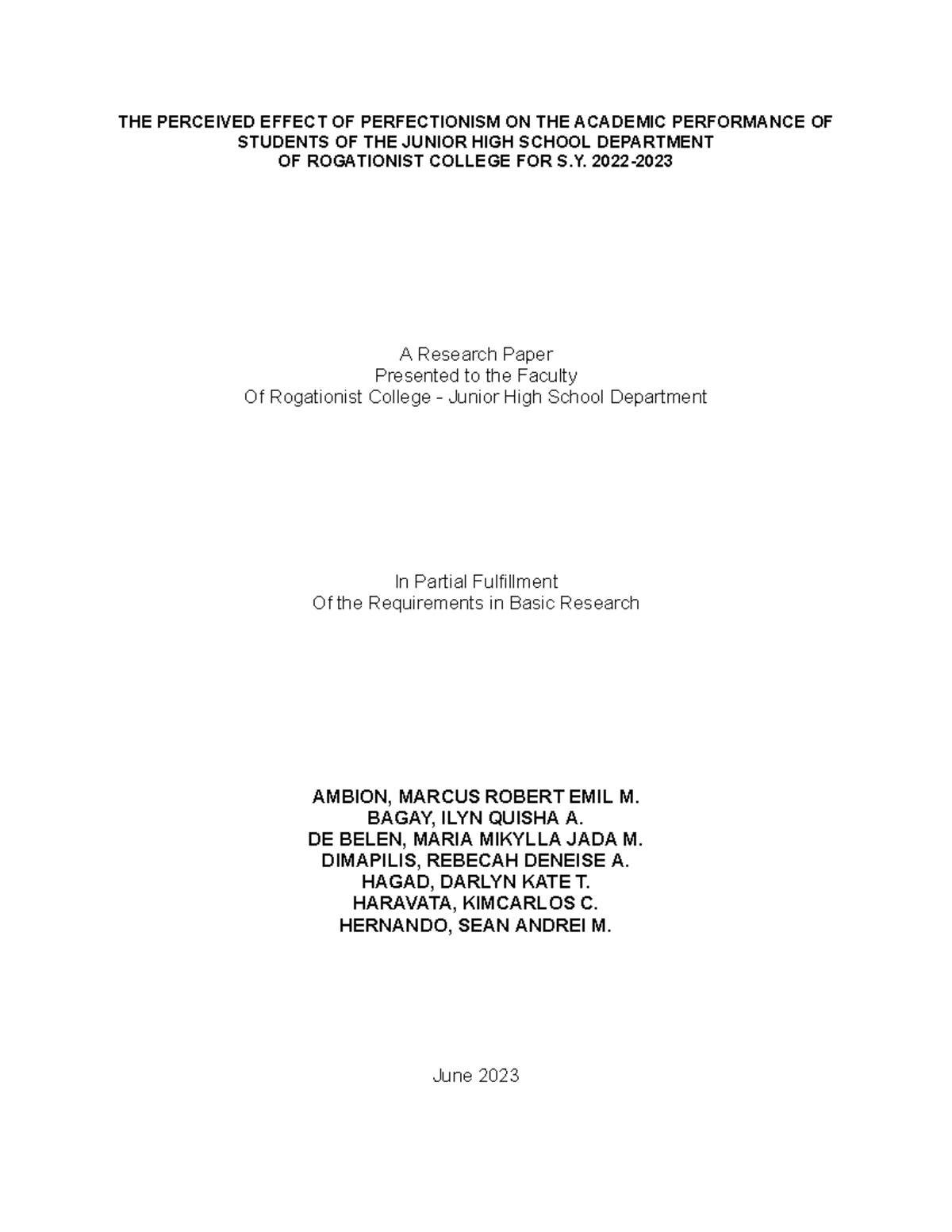 Perceived Impact of Perfectionism on Junior High Students' Academic ...