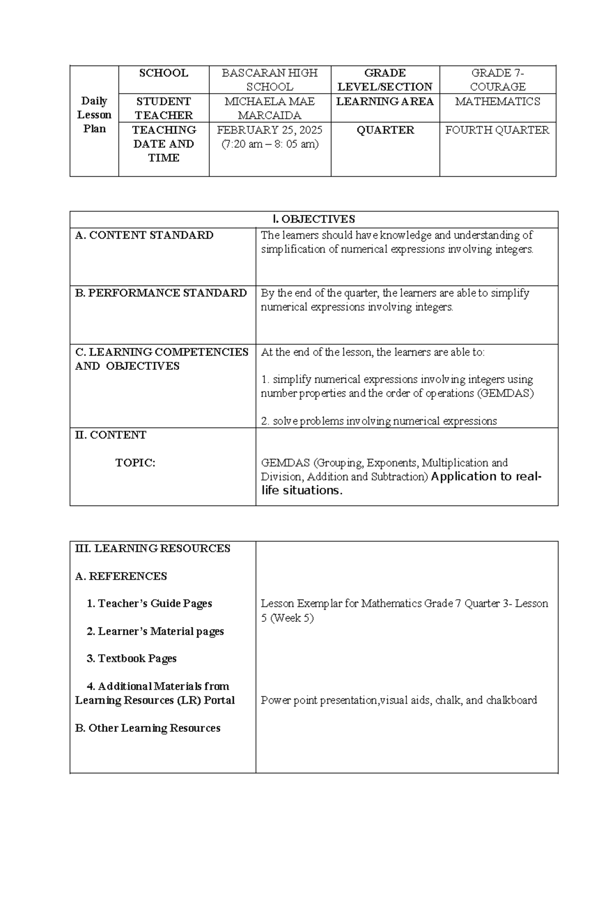 Detailed Lesson Plan for Grade 7 Mathematics: GEMDAS Concepts - Studocu